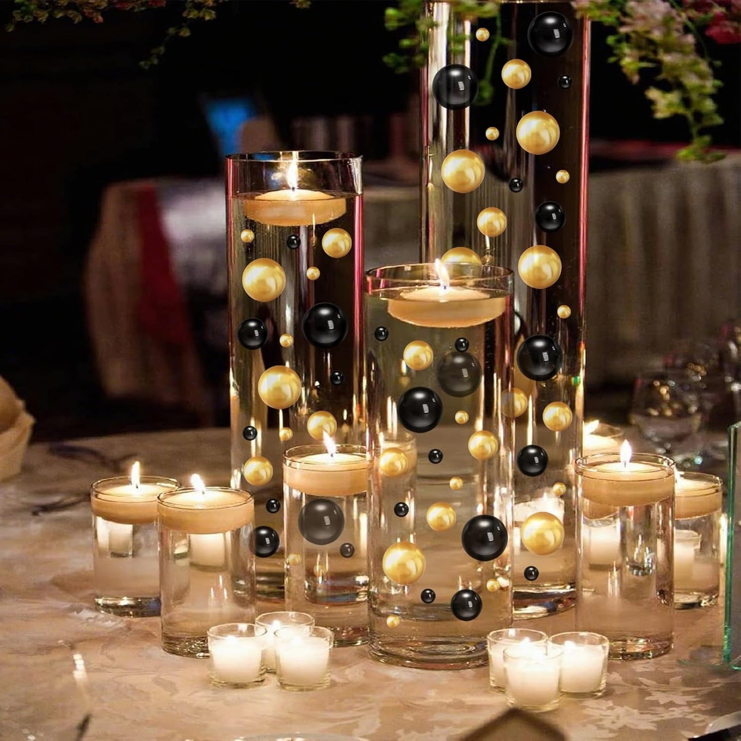 Floating Pearls for Centerpieces Vases, 250PCS Black Gold No Hole Fake Pearl Beads and 4000PCS Water Beads for Vase Filler Floating Beads for Wedding Party Decoration (Black Gold 8/14/20mm)