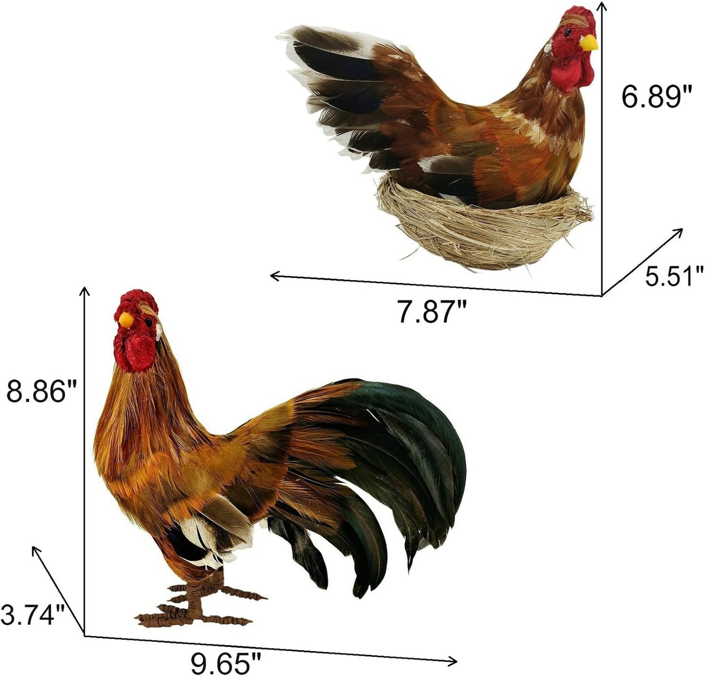 naturevibe 8.8 Inches Feathered Rooster Decor and Hen,Realistic Farm Animals Figurine with Real Feathers as Fall Decorations,Autumn Chicken Decor for Fall Centerpiece or Harvest Festival Display