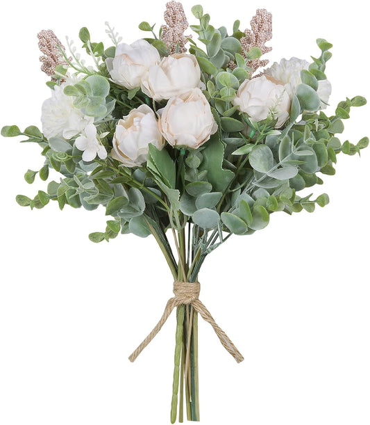 Meldel 3Pcs Rose Bouquet Light Champagne Artificial Flowers Peony Eucalyptus Plants Silk Flower Arrangements Wedding Bouquets Decorations Plastic Floral Centerpieces for Home Kitchen Party Decor