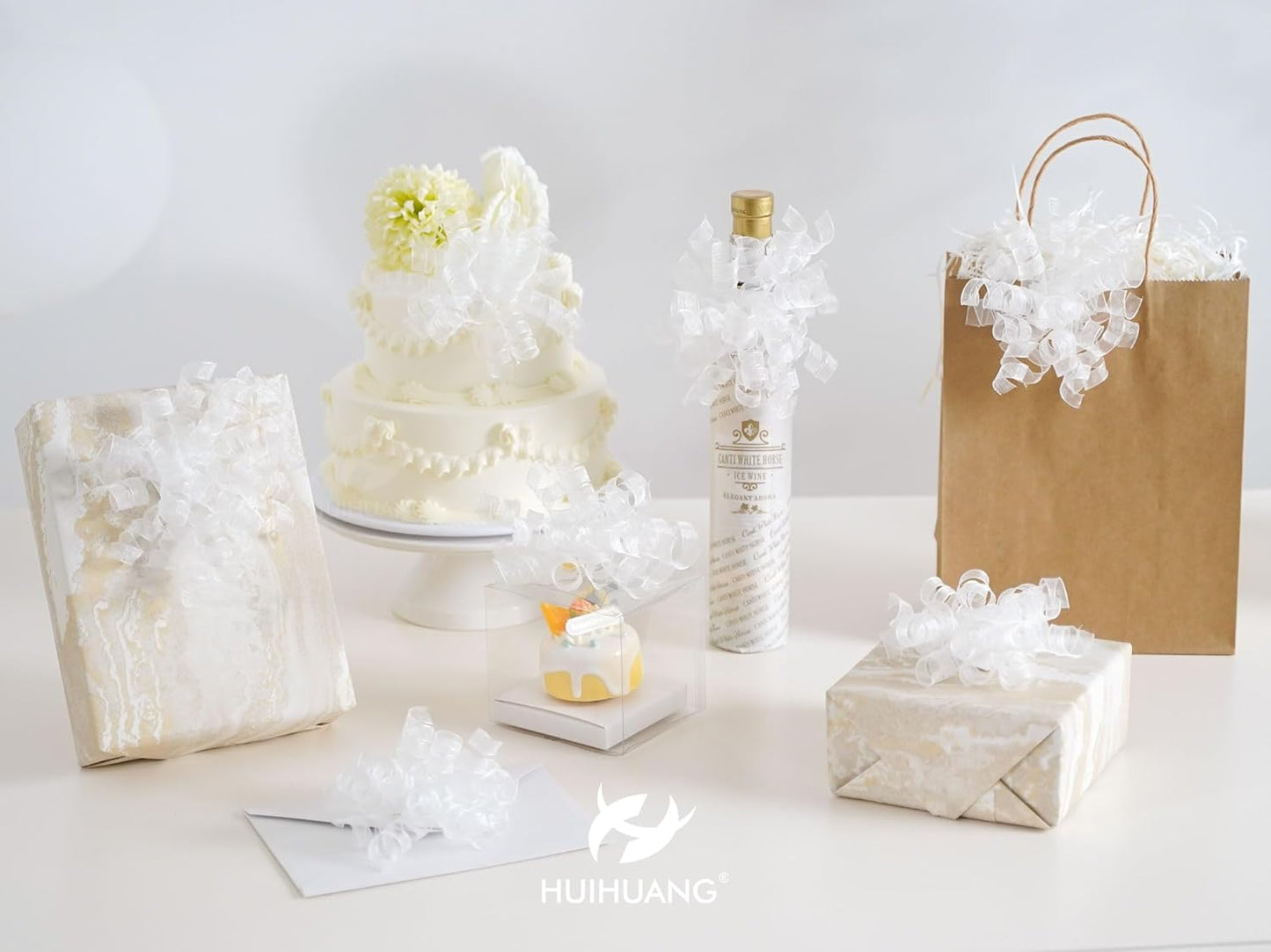 HUIHUANG White Bows for Gift Wrapping Christmas Curly Gift Bows 5 inch x 8 Counts Self-Adhesive Curly Ribbon Bow for Presents, Paper Bag, Party Favors, Wrapping Accessories, Holiday Decor