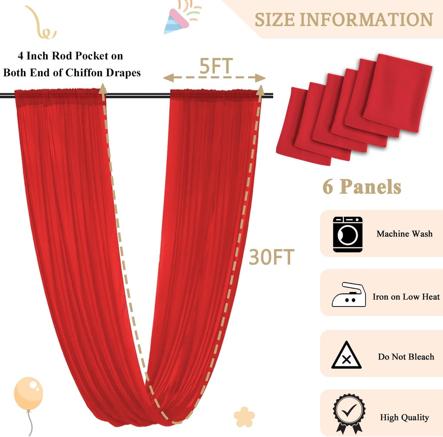 MODFUNS Red Ceiling Drapes for Weddings 5x30ft 6 Panels Chiffon Ceiling Curtain Sheer Fabric for Draping Tulle Arch Drapery Fabric Semi Sheer Backdrop Curtains for Ceremony Hall Ceiling Decor