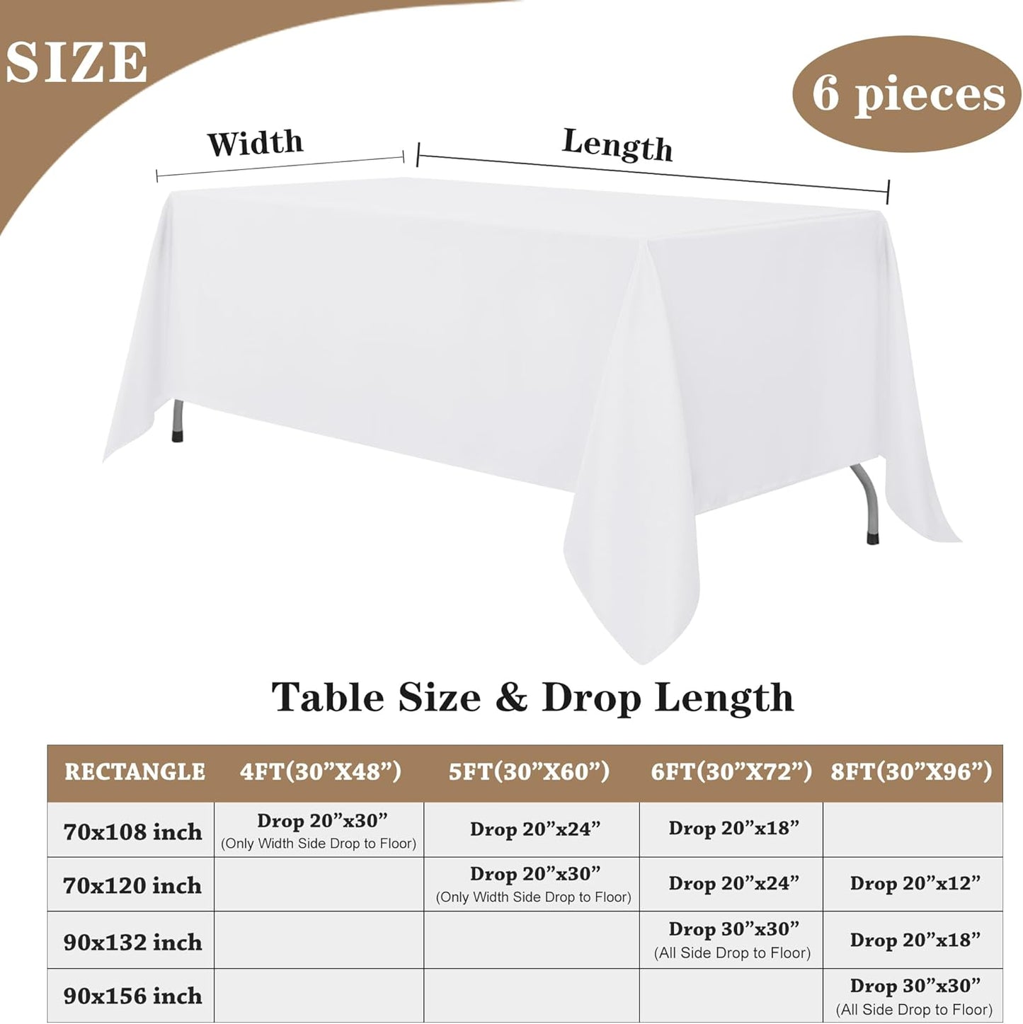 Fitable White Table Clothes for Rectangle Tables, 6 Pack - 90 x 132 Inch - Reusable and Elegant Tablecloths, Polyester Fabric Table Covers for Wedding, Party, Banquet, Formal Events