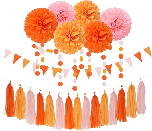 Pink-Orange Groovy Party-Decorations Pom-Poms Streamers - 23pcs Fall Autumn Thanksgiving Harvest Tissue Tassel Garland Banner,Birthday Baby Bridal Shower Engagement Wedding Decor Lasting Surprise