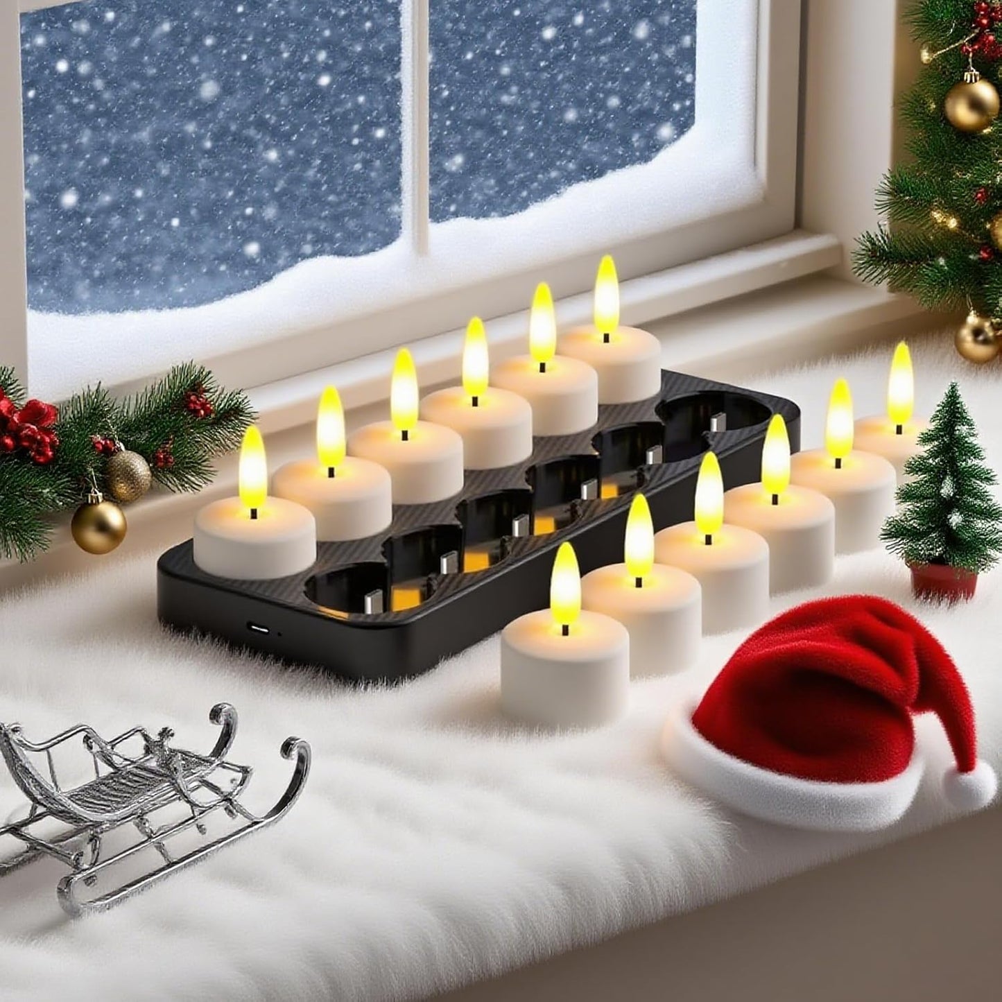 HL Rechargeable LED Tea Lights with USB Charging Base & Remote Timer - Battery Operated Flameless Flickering Votive Candles for Weddings, Emergency, Halloween, and Christmas Decorative 12pcs