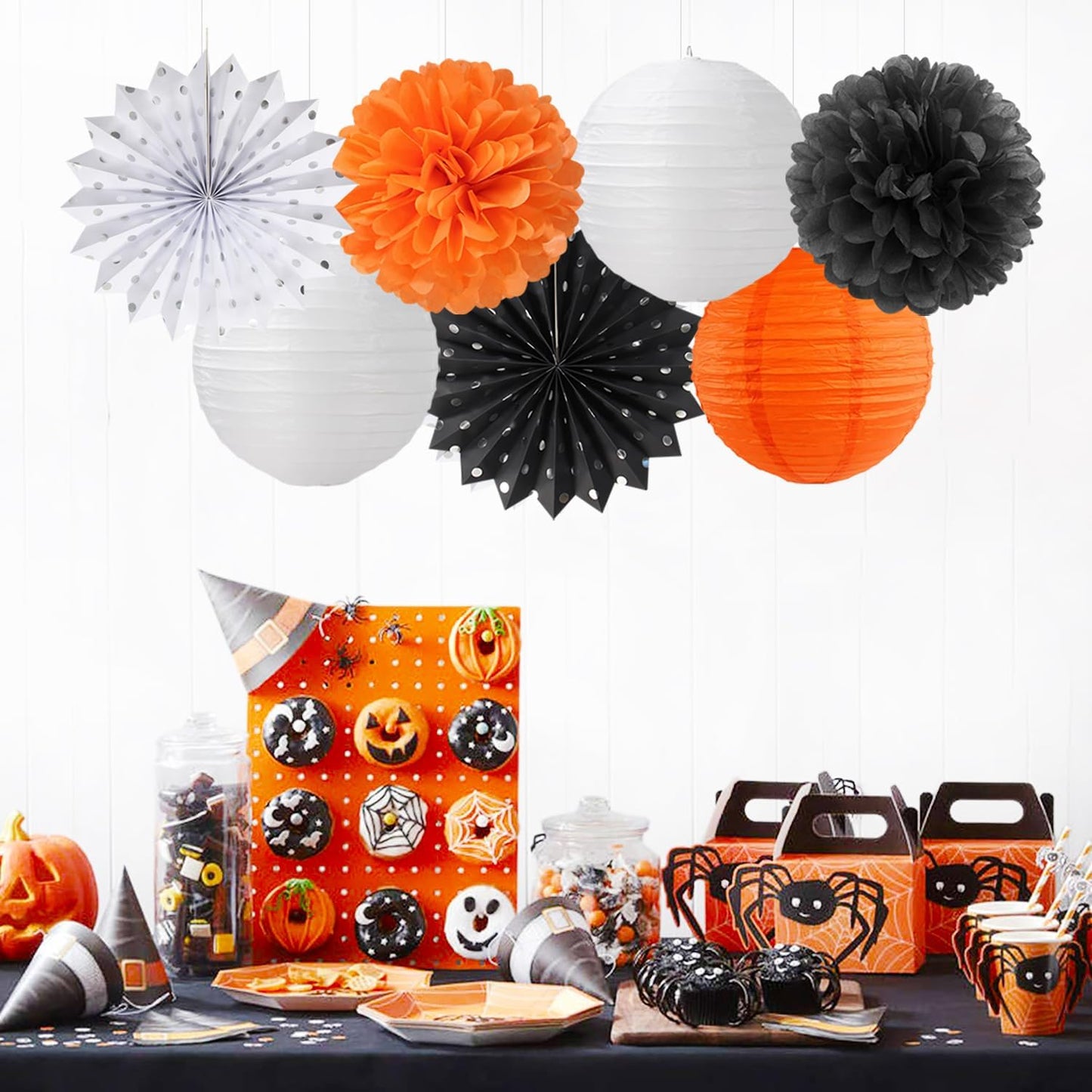 Orange-Black White Party-Decorations Paper-Flowers Lanterns - 20PCS Halloween Tissue Pom Poms Streamers Fans Honeycomb, Vintage Baby Shower Birthday Retro Bachelorette Hanging Supplies Decor Burgleda