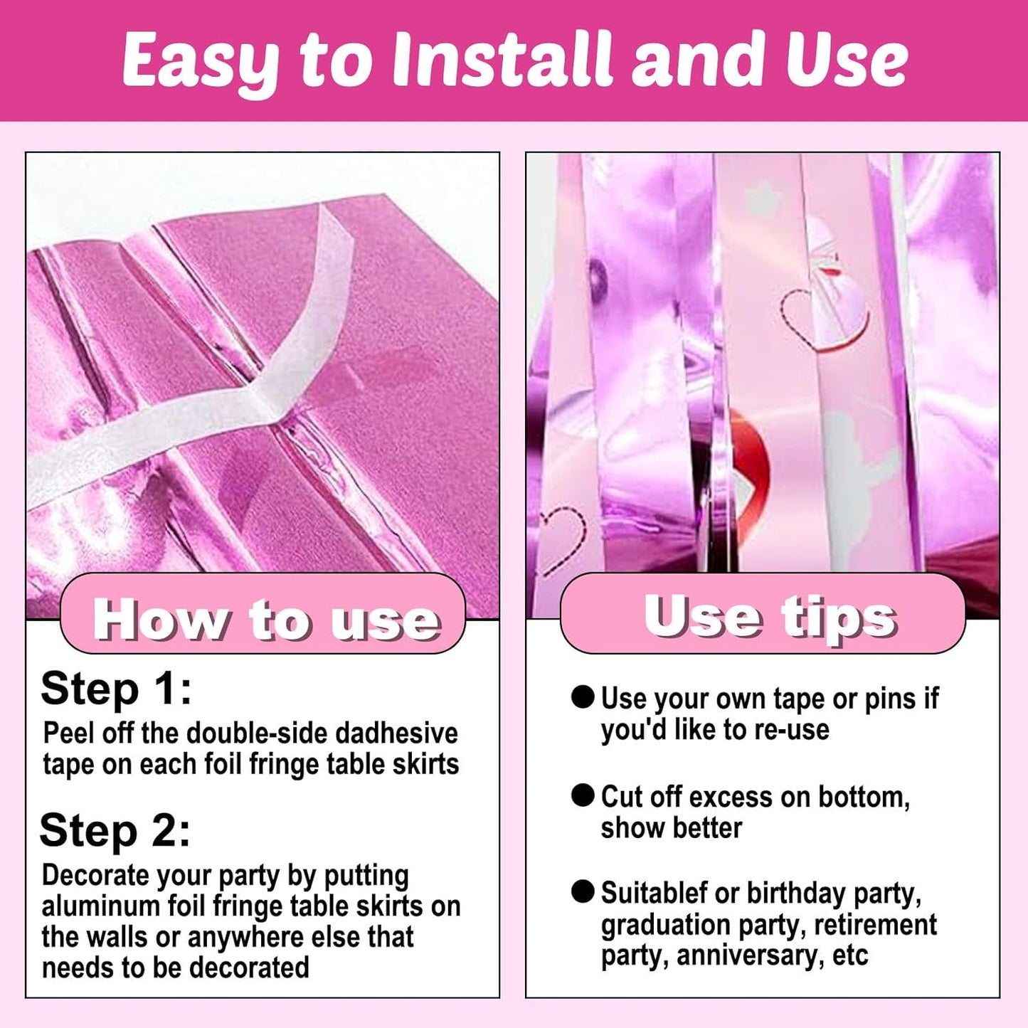 6 Pack 29x108 Inch Love Pink Wave Foil Fringe Table Skirts Metallic Banner for Tinsel Streamer Garland Backdrop for Parade Floats Wedding Mother's Day, Birthday Mardi Gras Party Decorations