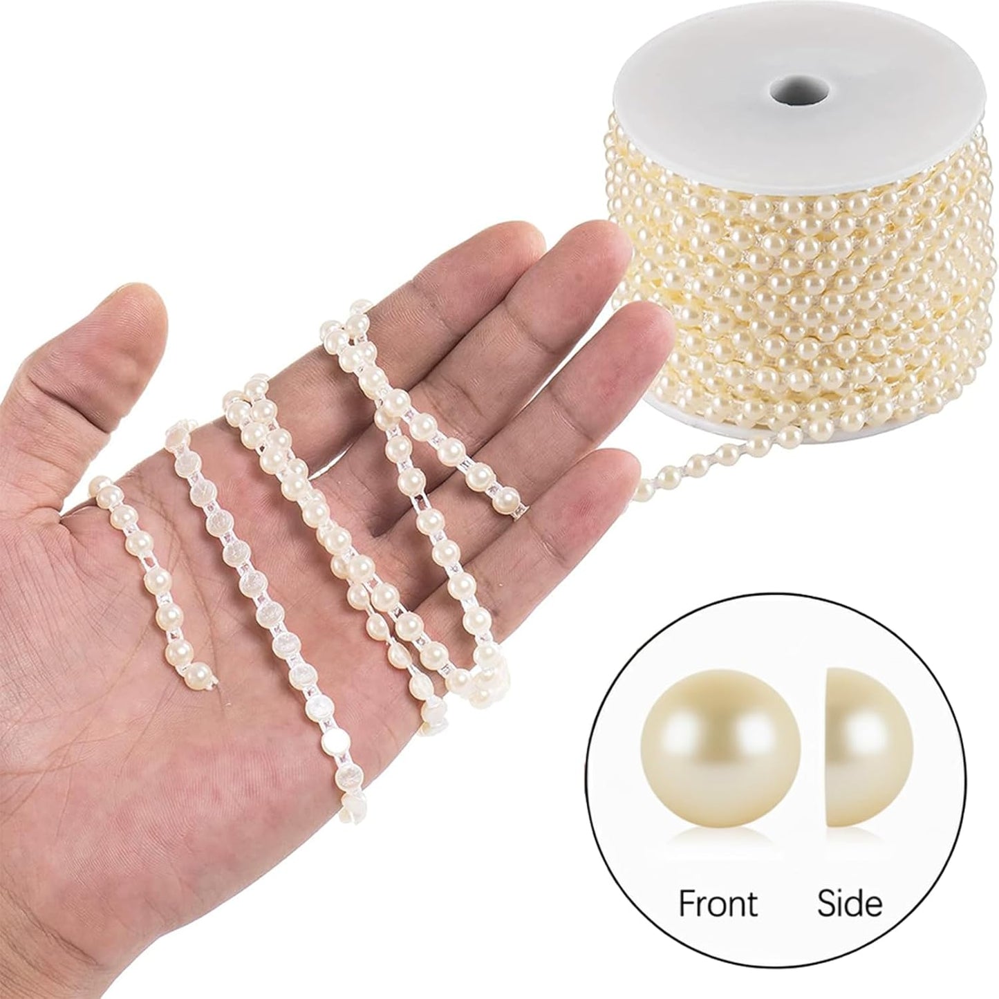 Flat Pearl Garland String 27 Yards, 6MM Half-Round Beaded Spool Roll Crafts for Wedding Decoration (Ivory)