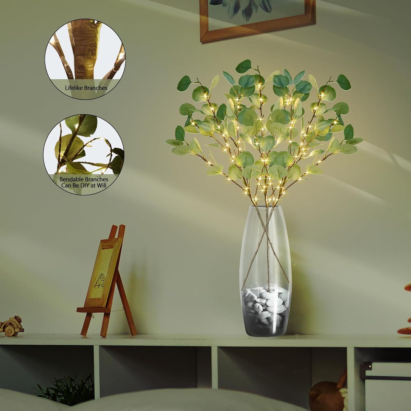 Lighted Artificial Eucalyptus Branches with Timer, Light Up Eucalyptus Branches 33in 99 Led, Battery Powered Vase Lights, Greenery Plant for Home Christmas Party Wedding Decor Indoor Outdoor