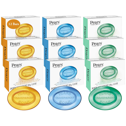 Pears Glycerin Soap Variety 12-Pack – Transparent Amber, Blue & Green Bars for Soft, Glowing Skin, 3.53 Oz Ea