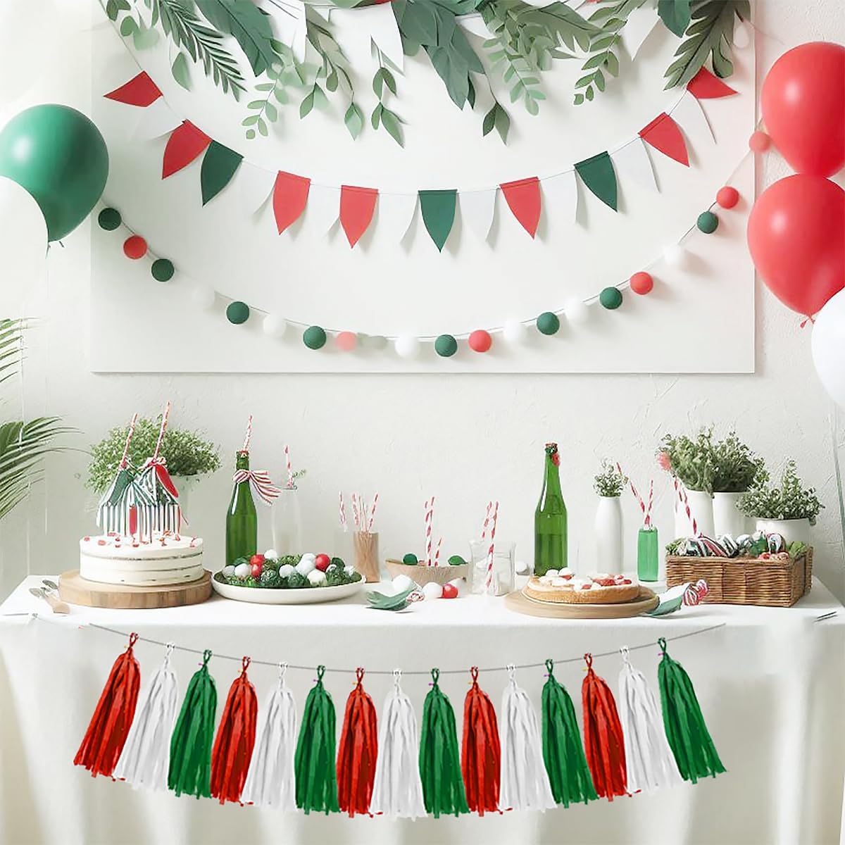 Red White Green Christmas Decorations - 15pcs Tissue Paper Tassel Garland Birthday Christmas Party Decorations for Home Indoor Outdoor Hanging Decor HongTongTong