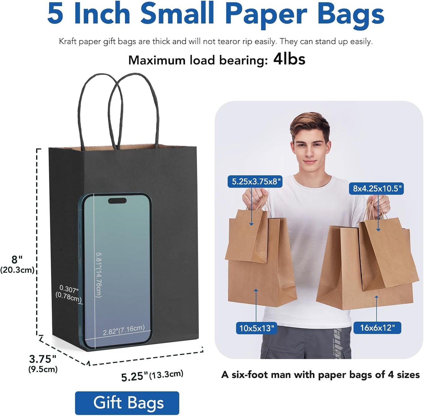 GSSUSA Black Gift Bags 5.25x3.75x8 400Pcs, Valentines Day, Paper Bags with Handles Bulk, for Small Business, Sturdy Kraft Paper, Retail Shopping, Gift Bag for Party Birthday