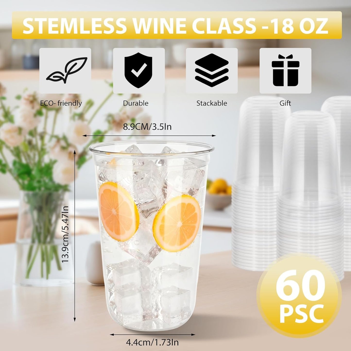 60 Pcs Disposable Stemless Clear Glasses 18 oz NATURAL Arc Crystal Plastic wine glasses Clear Classic Pet Cup for Meeting Weddings Birthdays Cocktail Christmas Party Supplies