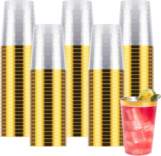 Goodluck 100PCS 10oz Gold Plastic Cups for Party, Disposable Gold Rim Cups, Plastic Cocktail Glasses for Wedding Thanksgiving, Christmas, and Parties