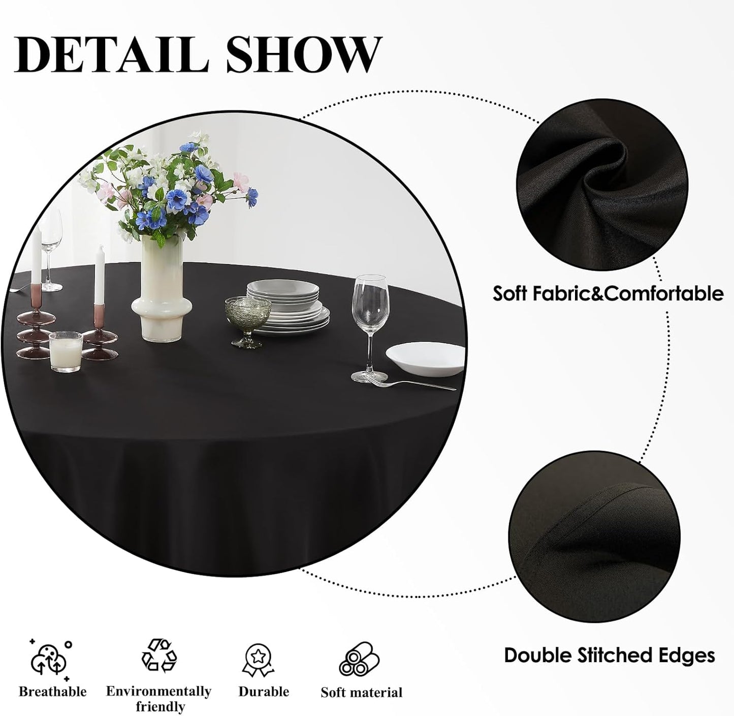 Round Tablecloth 132 Inch 2 Pack Black Tablecloths Washable Decorative Linen Polyester Table Clothes Cover for Dining Table Banquets Buffet Parties and Wedding