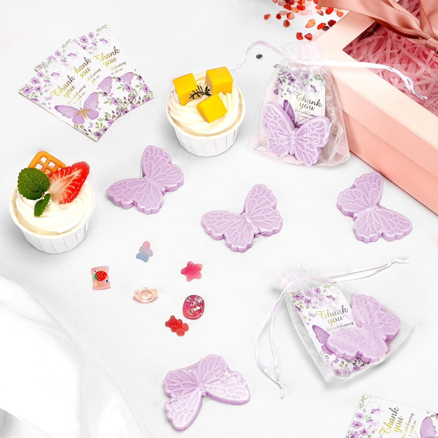 50 Sets Butterfly Baby Shower Favors for Guests Butterfly Soap Favors Handmade Scented Soap with Thank You Cards Organza Bags for Gender Reveal Baptism Decorations Wedding Bridal Gift (50, Purple)