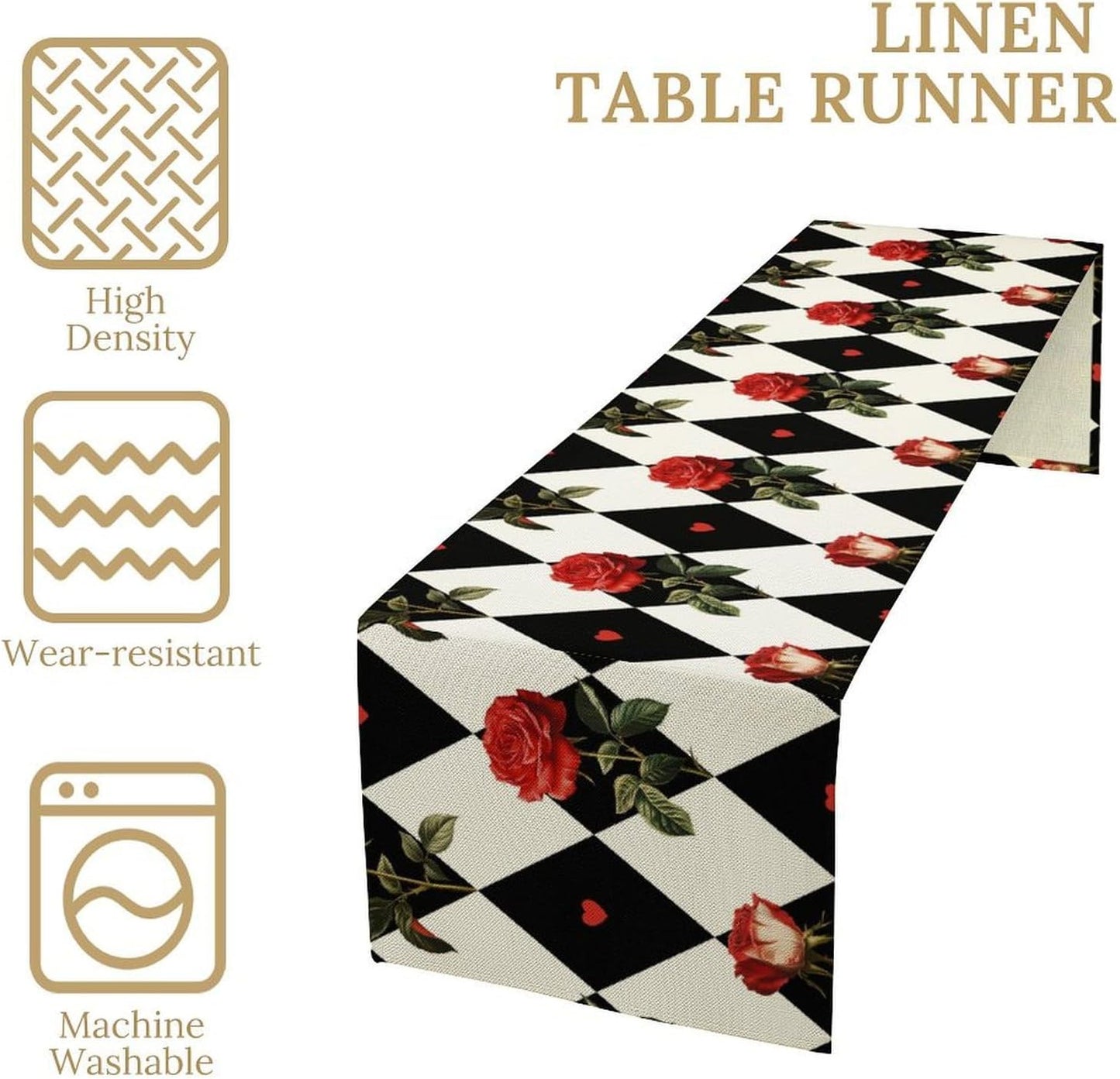 Vintage Rose Table Runner, Red Rose Hearts Black White Checkered Background Table Runner for Kitchen Dinning Table Runner Decor Home Wedding Party Holiday, 13x36 Inch