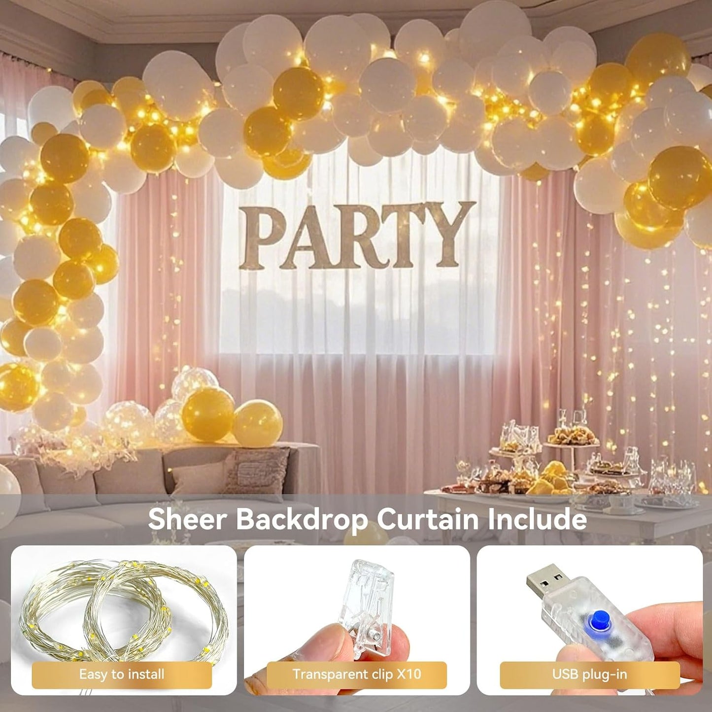 10×8ft Tulle Backdrop Curtains with Lights String - 300LED Fairy Lights Sheer Curtain Backdrop for Weddings Baby Shower and Birthday Party Decorations(4 Panels 5×8ft)