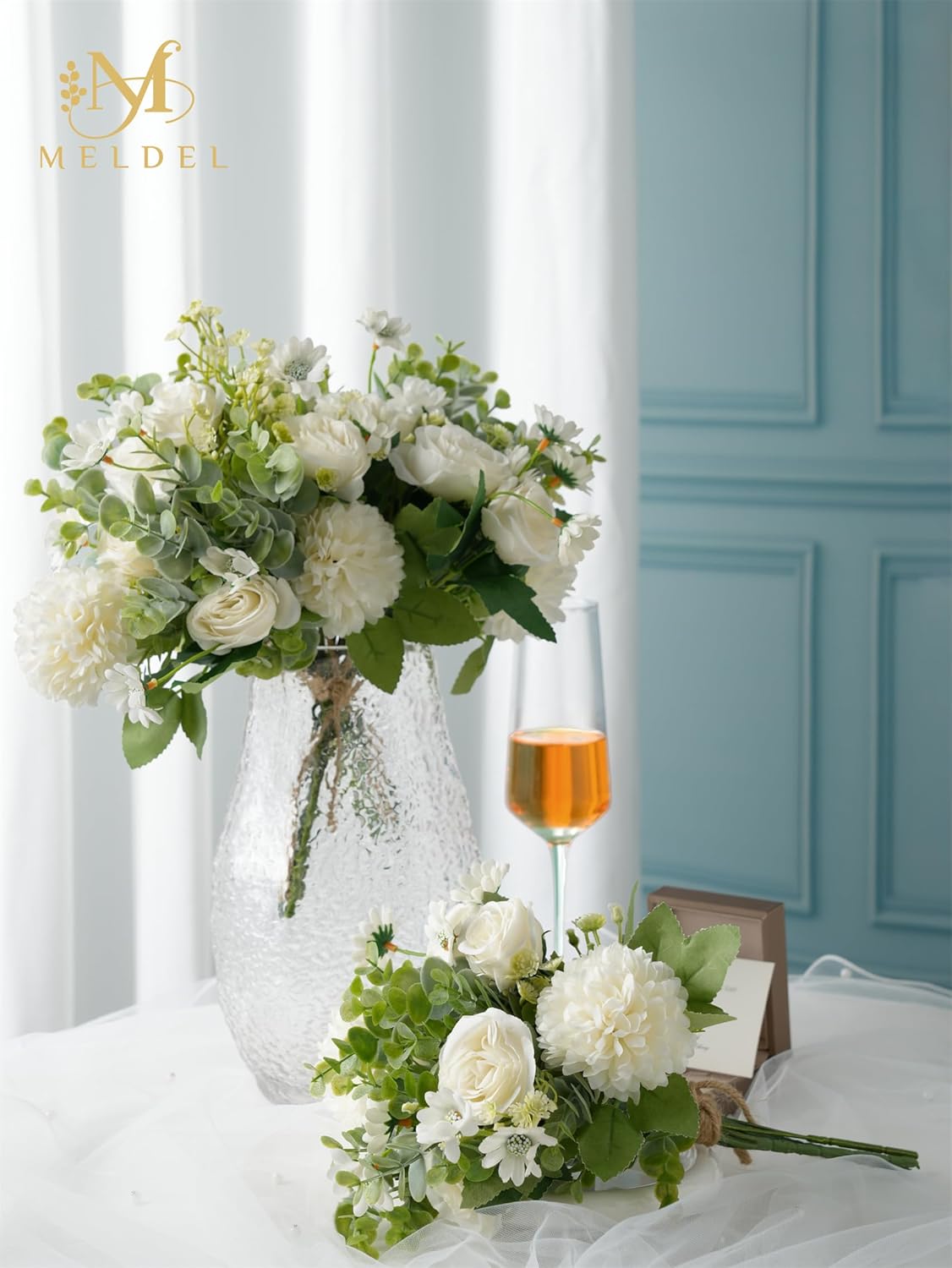 Meldel 3 Pcs Bouquet Rose Artificial Fake Flowers Eucalyptus Plants Faux Silk Flower Arrangements Wedding Bouquets Decorations Floral Table Centerpieces for Home Kitchen Garden Party Decor (White)