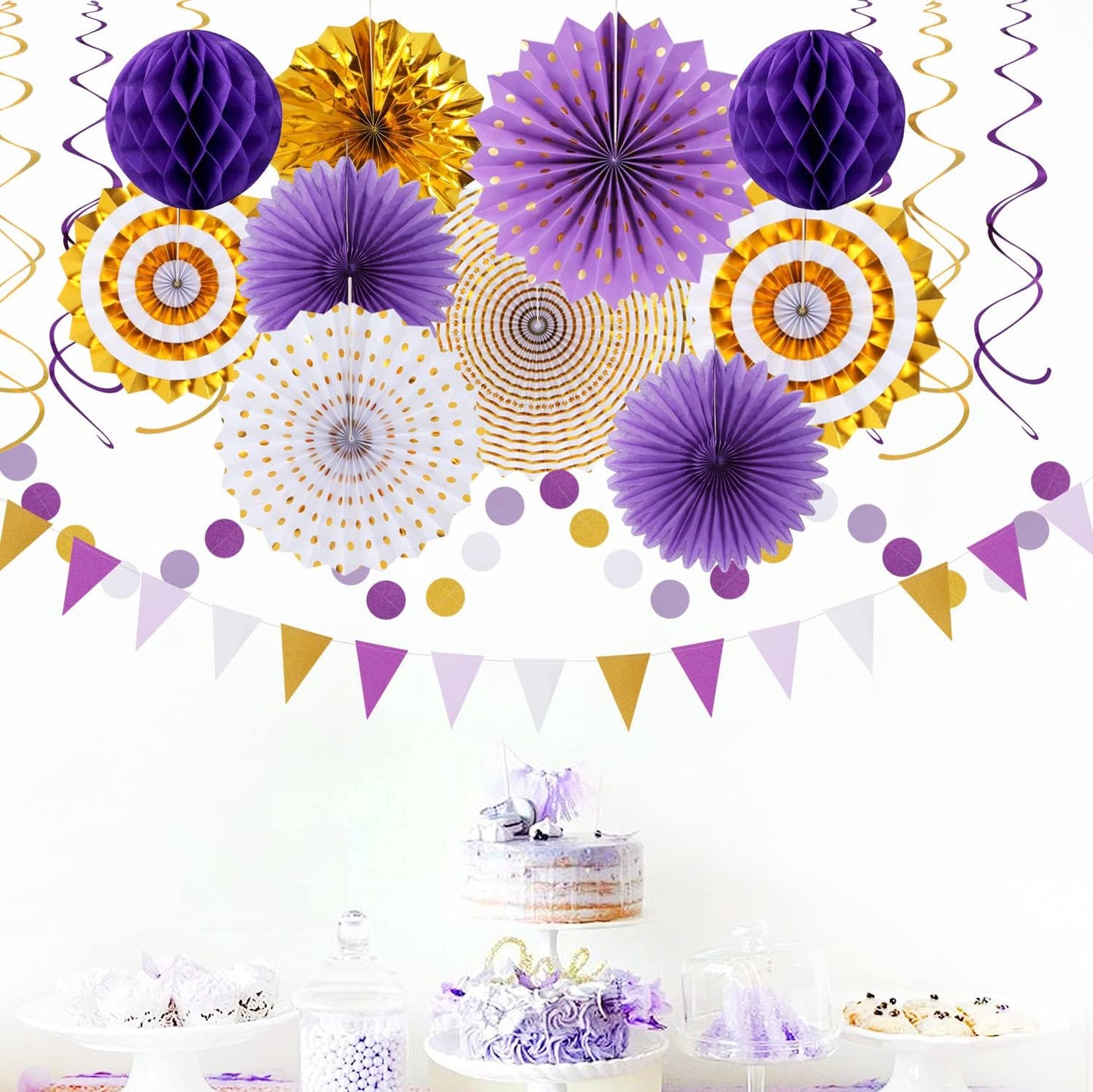 Purple-Gold Graduation Party-Decoration - 33pcs Kits Banner, Streamers Tassel Garland,Tissue Pom Poms Honeycomb, Paper Lantern Fans,Wedding Girl Birthday Baby Bridal Shower Decor Hugtmr