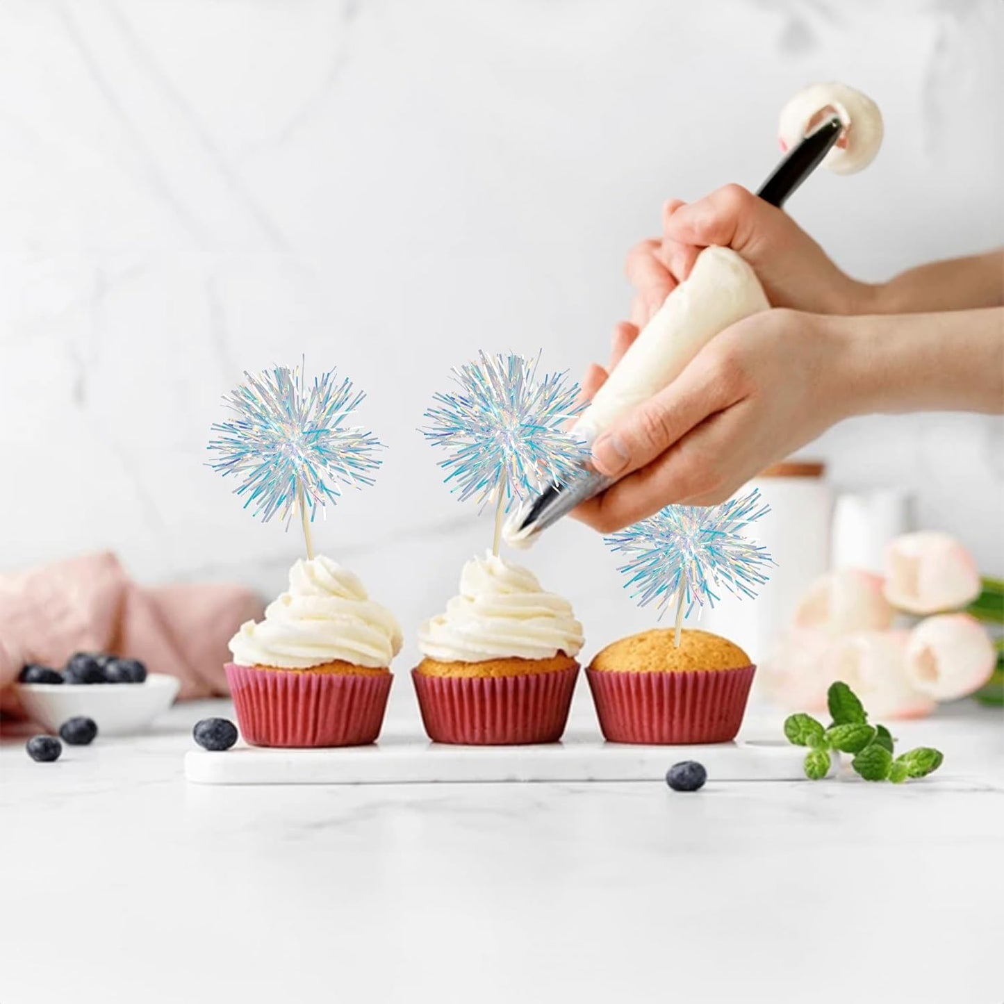 Gyufise 30Pcs Foil Firework Cupcake Toppers Sparkle Tinsel Cake Toppers Tinsel Drink Cake Decoration Cocktail Picks for Birthday Wedding Graduation Party Supplies Laser White