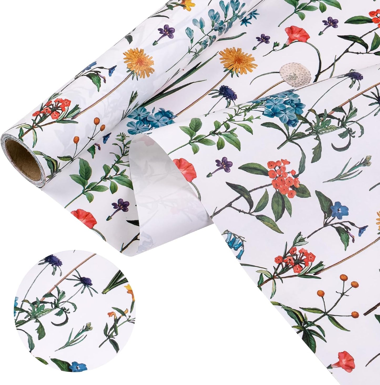 WRAPAHOLIC Kraft Wildflower Wrapping Paper - Mini Roll - 17 Inch x 16.5 Feet - Floral Wrapping Paper for for Wedding, Birthday, Bridal Shower, Tea Party