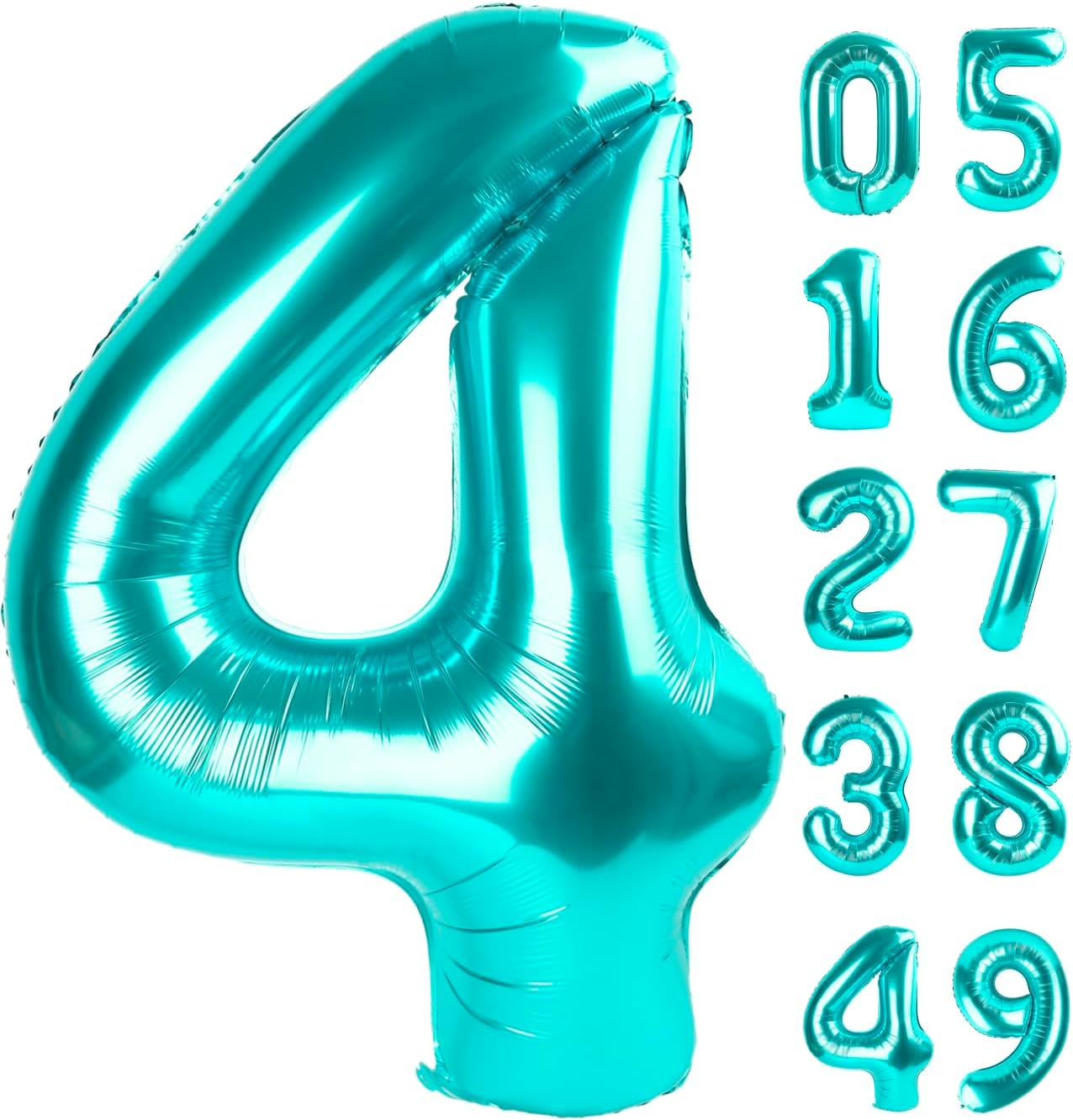 40 Inch Teal Blue Large Number 4 Birthday Balloon, Giant Number Four 14 24 34 40 44 Balloons, Teal Blue Foil Mylar Big Balloons for Anniversary Graduation Supplies Decorations