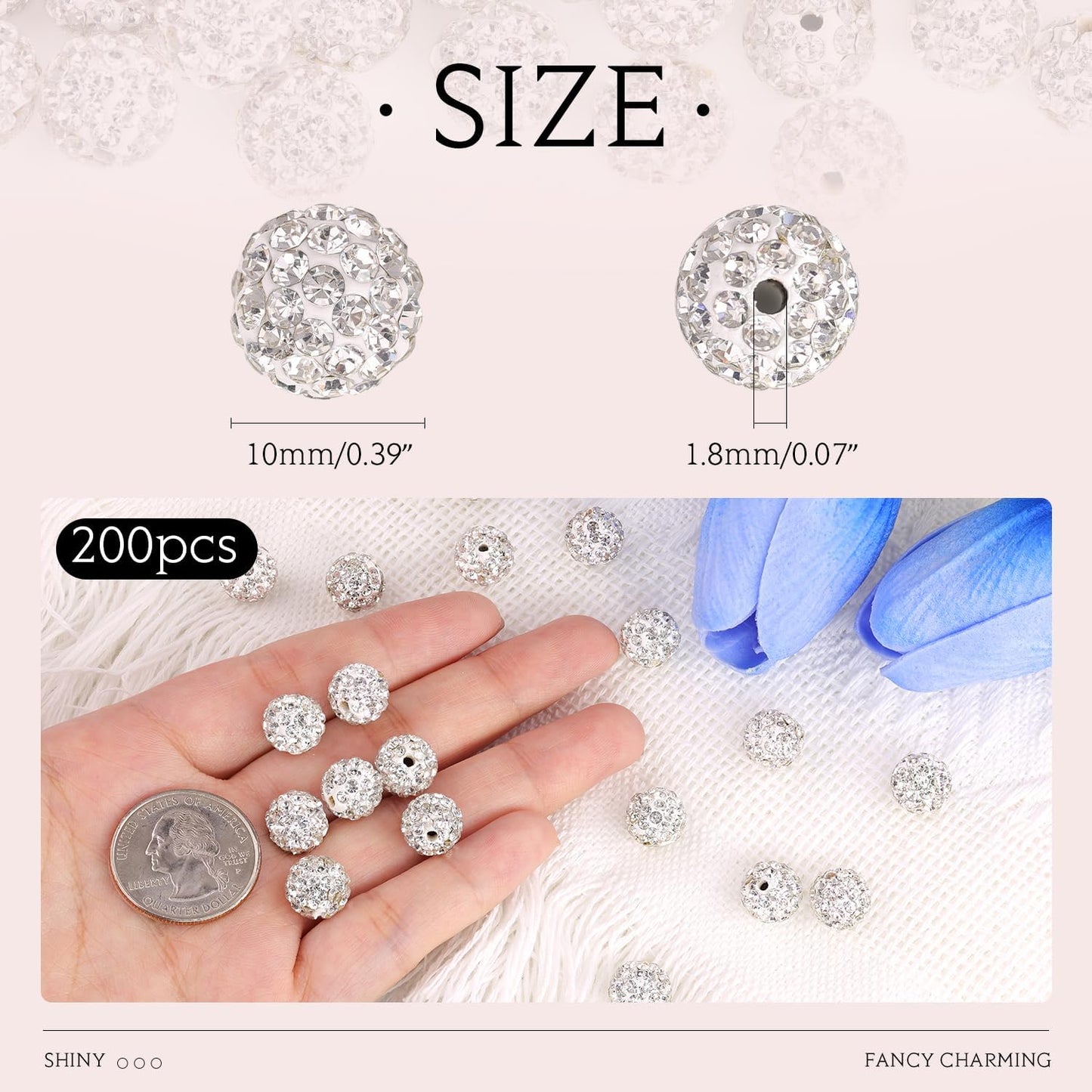 200pcs 10mm White Rhinestone Beads for Jewelry Making, Shiny Round Shamballa Disco Ball Beads Bulk, Sparkle Crystal Clay Christmas for Bracelet Baseball Necklace Earring Crafting and DIY
