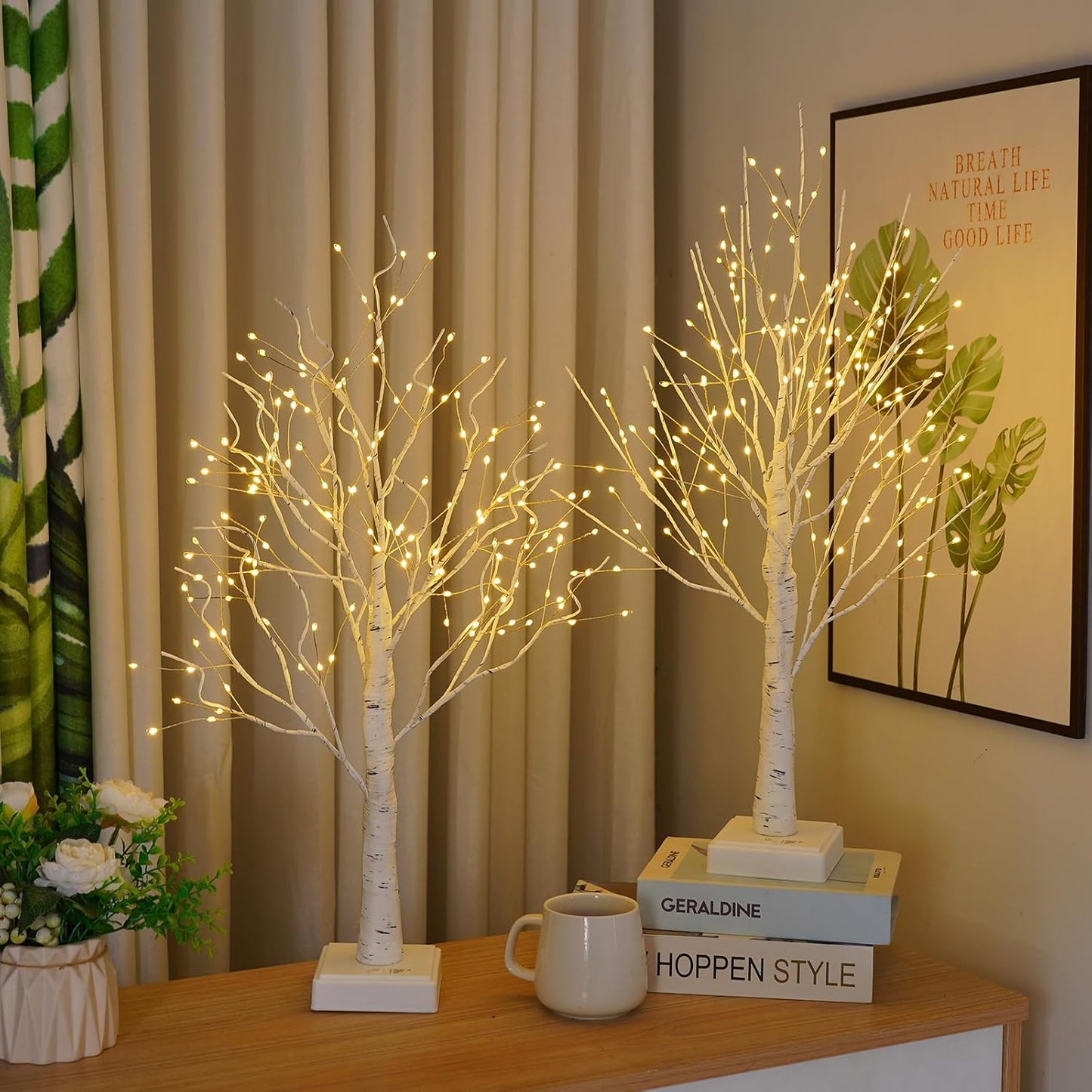 2 Pack 144 LED Artificial Tree Lamp with Timer, DIY Birch Tree with LED Lights, Lighted up Tree Lamp USB/Battery Powered, Fairy Light Spirit Tree for Table Home Bedroom Christmas (Warm White)