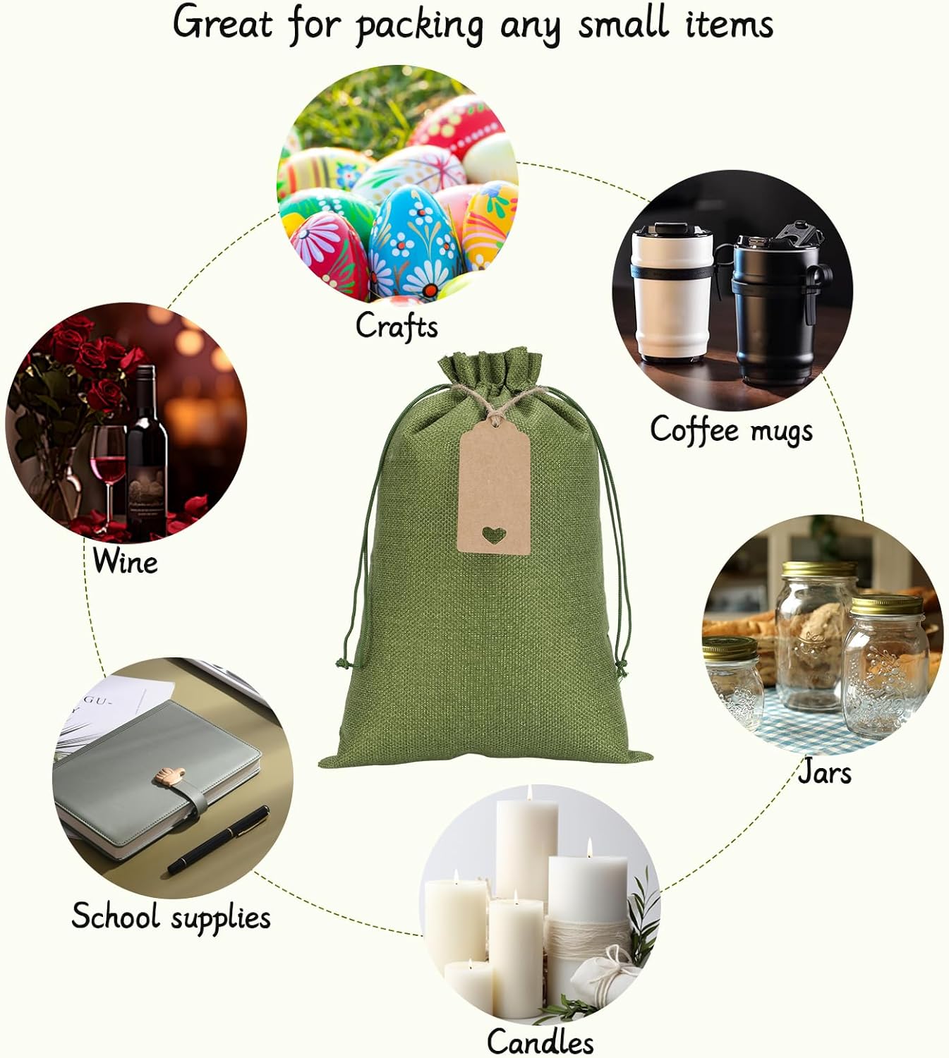 Tapleap Burlap Bags with Drawstring - 10Pcs 8x12 Green Gift Sacks for Wrapping Halloween Favors, Clothes, Hand Sanitizer, Mason Jars, For Birthday, Wedding, Party or Household Use