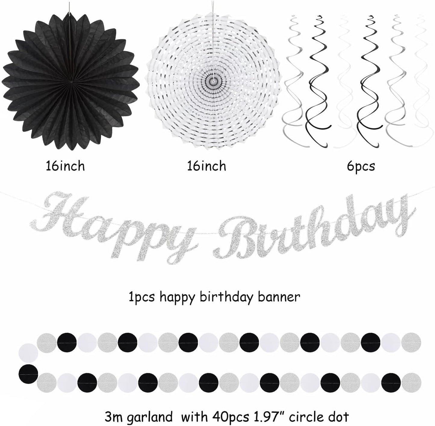 Black White Silver Birthday Party-decorations - 21pcs Boys Men Happy Banner,Paper Streamers Lanterns Honeycomb,Tissue Pom Poms Fan,Adult Supplies Decor 16th 20th 40th 45th 50th 60th Huglony
