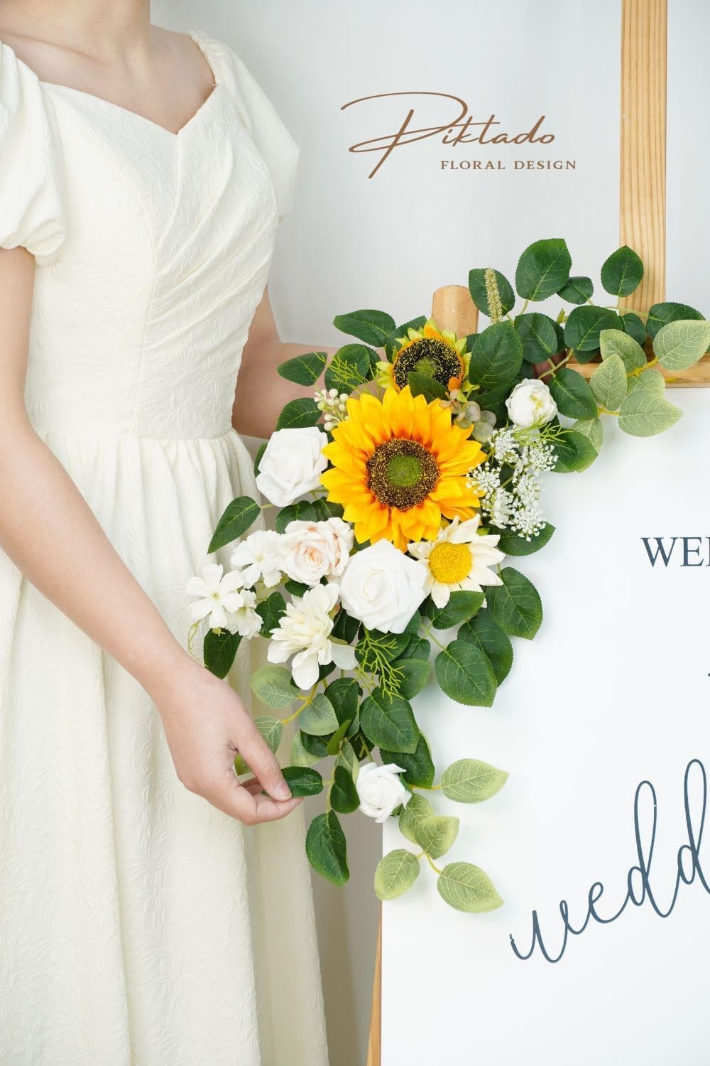 Wedding Decor (Pack of 2) Welcome Sign Flower Backdrop Garland for Ceremony Reception Wall Easel Home Decoration Entryway Faux Outdoor Board Head Table Decor (Sunflower)