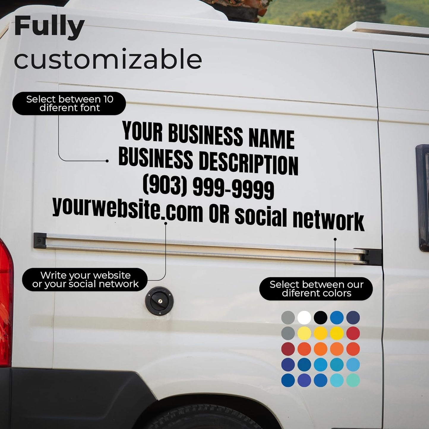 EGD Custom Business Car Decal for Windows or Vans | Personalized Vinyl Stickers with Name, Contact & Website | Waterproof Lettering | 5 Sizes, 25 Colors, 9 Fonts