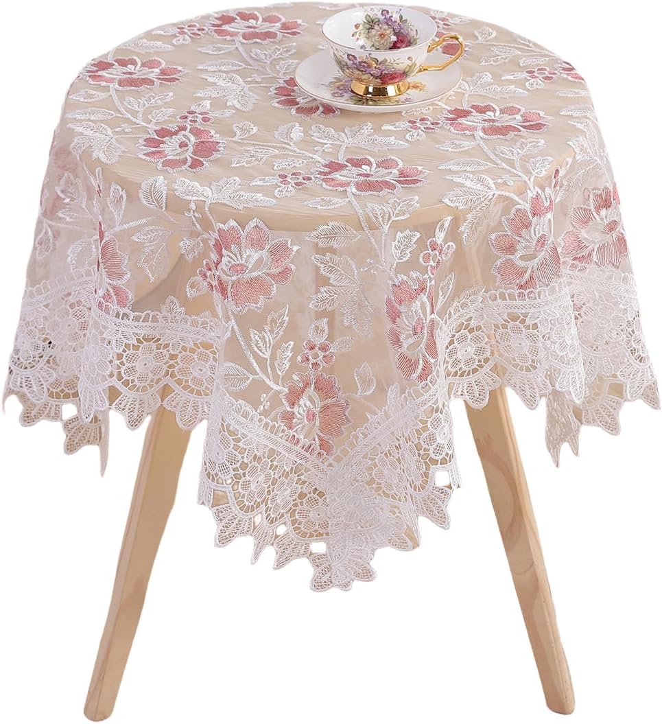 Round Embroidered Lace Tablecloth Vintage Decorative Exquisite Border Table Cover for Party Wedding Home Decorations, Round-60, White
