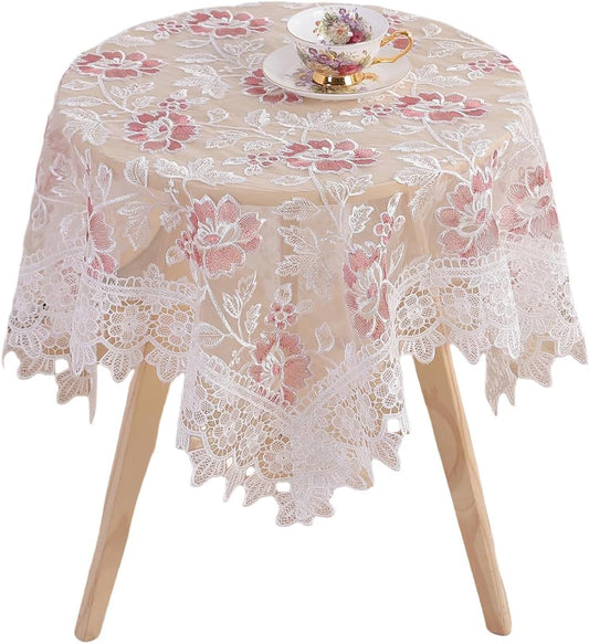 Round Embroidered Lace Tablecloth Vintage Decorative Exquisite Border Table Cover for Party Wedding Home Decorations, Round-35, White