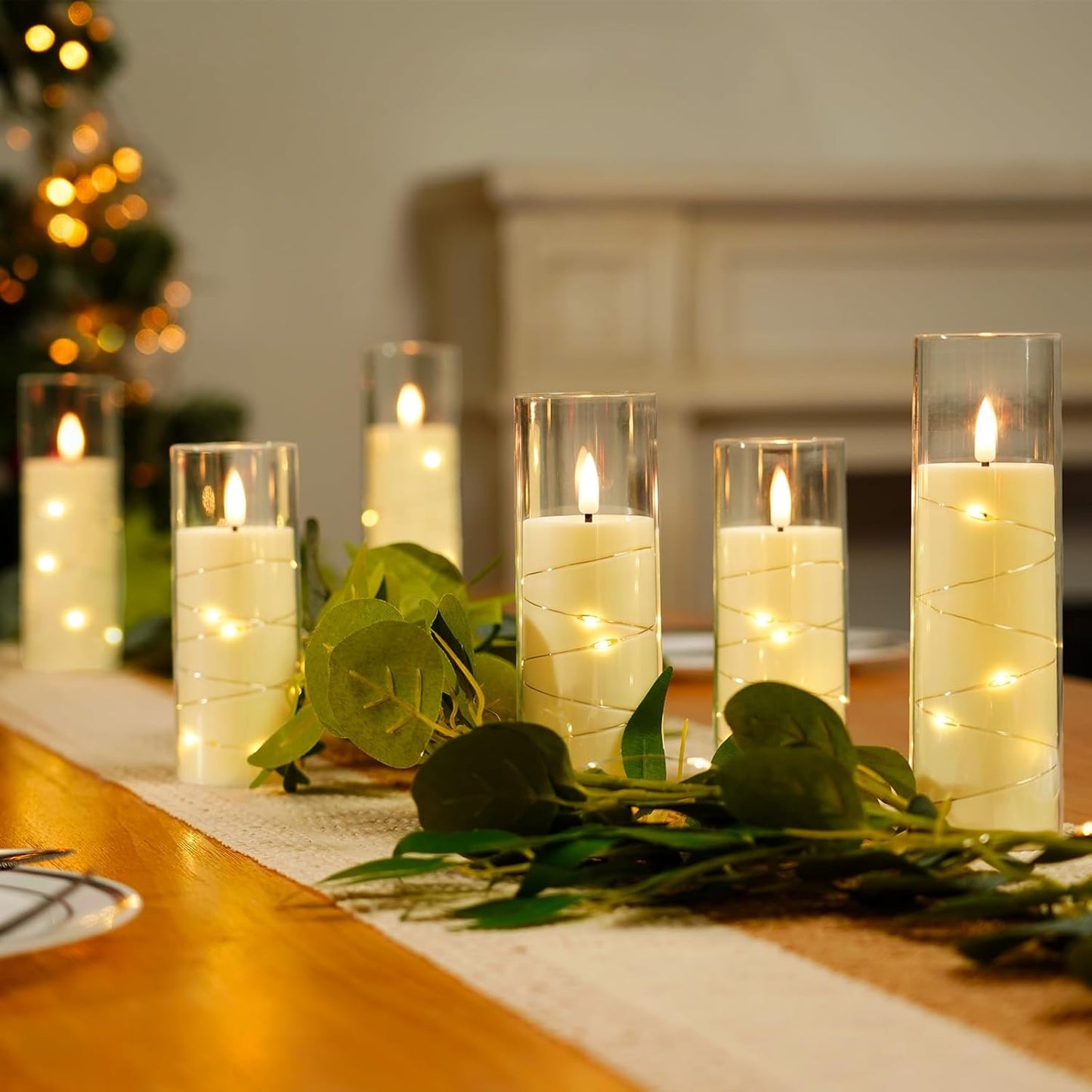 Homemory Flameless Candles with Embedded Star String Fairy Lights, Battery Operated Candles with Remote Control and Timer, Acrylic Flickering LED Candle for Fall Decor, Ivory, Set of 9, D2.2”xH5”6”7”