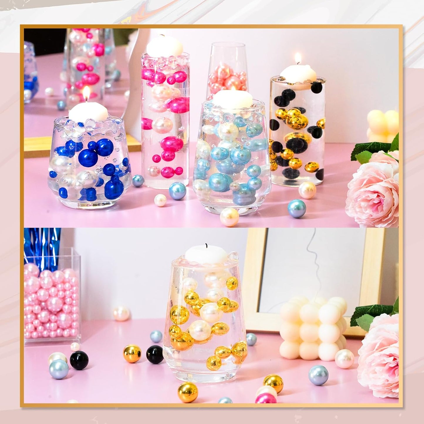 300Pcs Vase Filler Purple No Hole Faux Pearl Beads for Vase Filling Decorations, Candle Centerpieces, Wedding Centerpieces, Home Party Decor (8/14/20mm)