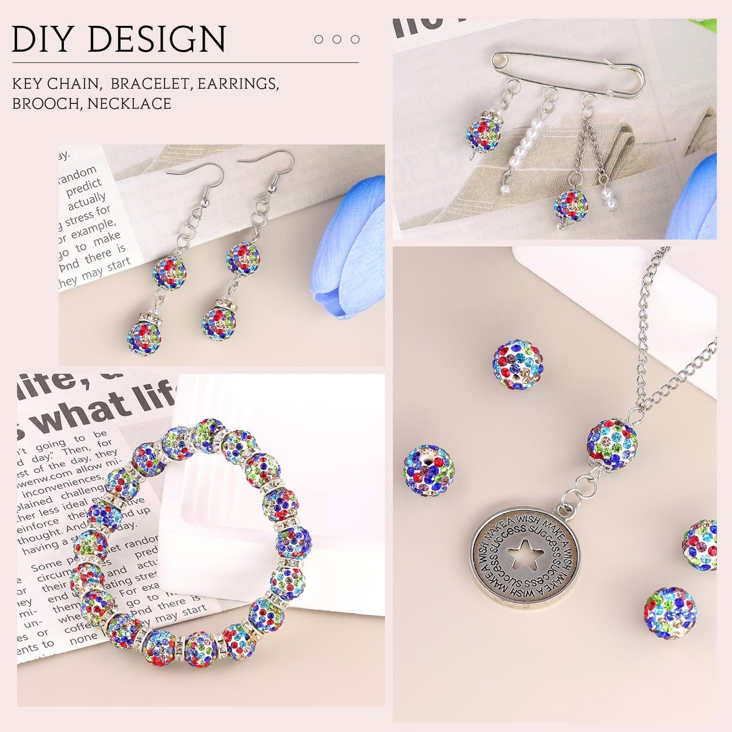 200pcs 10mm White Mixed Rhinestone Beads for Jewelry Making, Shiny Round Shamballa Disco Ball Beads, Sparkle Crystal Clay Christmas for Bracelet Baseball Necklace Earring Crafting and DIY