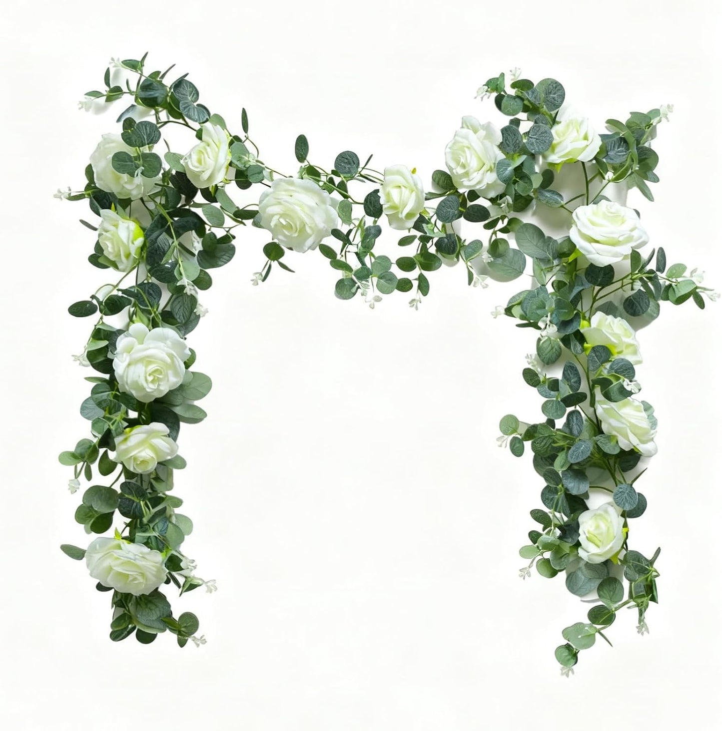 6FT Artificial Eucalyptus Garland with 14 Fake White Rose Flowers - Floral Greenery Decoration Vine for Wedding Centerpieces, Table Runner, Backdrop, Arch Wall Decor,Indoor/Outdoor (1 PCS)