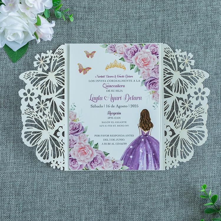 20 PCS 5.12x7.2 Butterfly Personalized Quinceanera Invitation, Customized XV Anos Laser Cut Invitation Cards with Envelopes (Purple Glitter Personalized)