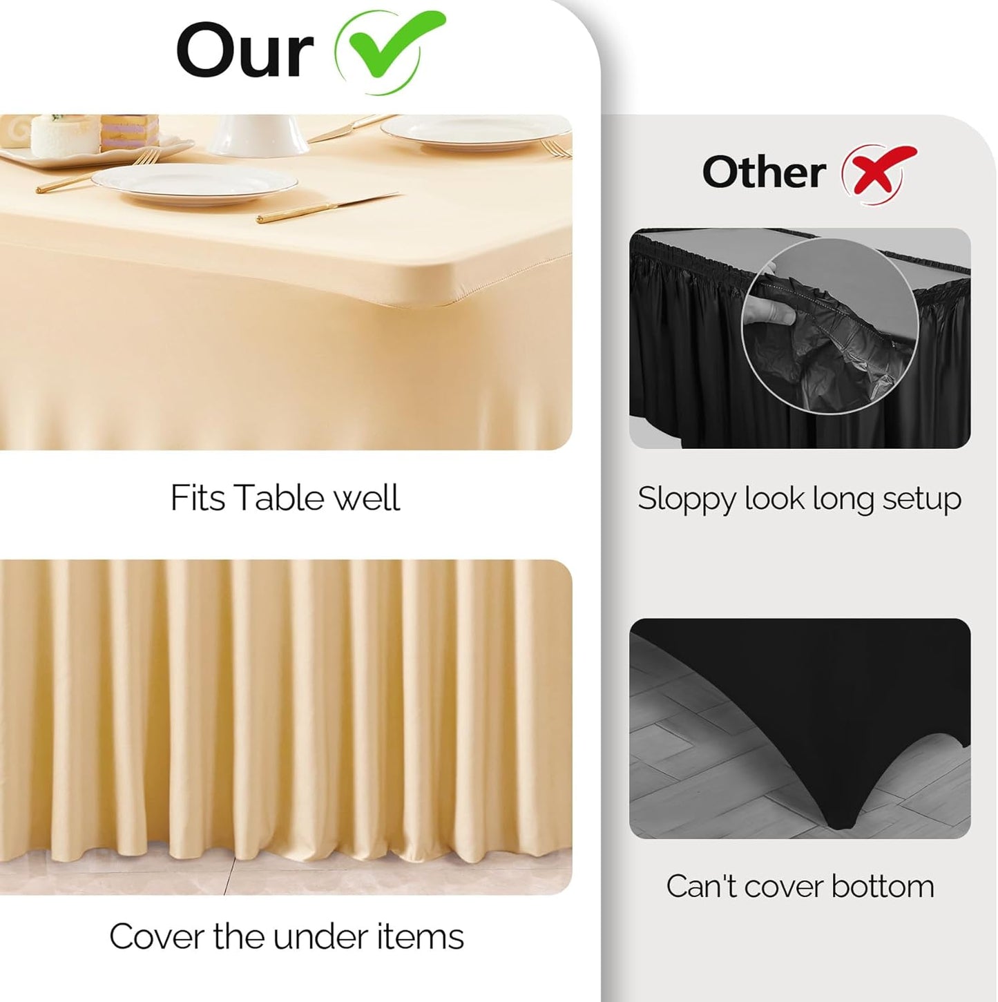 Wish Care 6 Pack Champagne Spandex Table Clothes for 8 Foot Rectangle Tables, 8FT Wrinkle Free Fitted Tablecloths Ruffles Design Table Cover for Party, Banquet, Wedding and Events