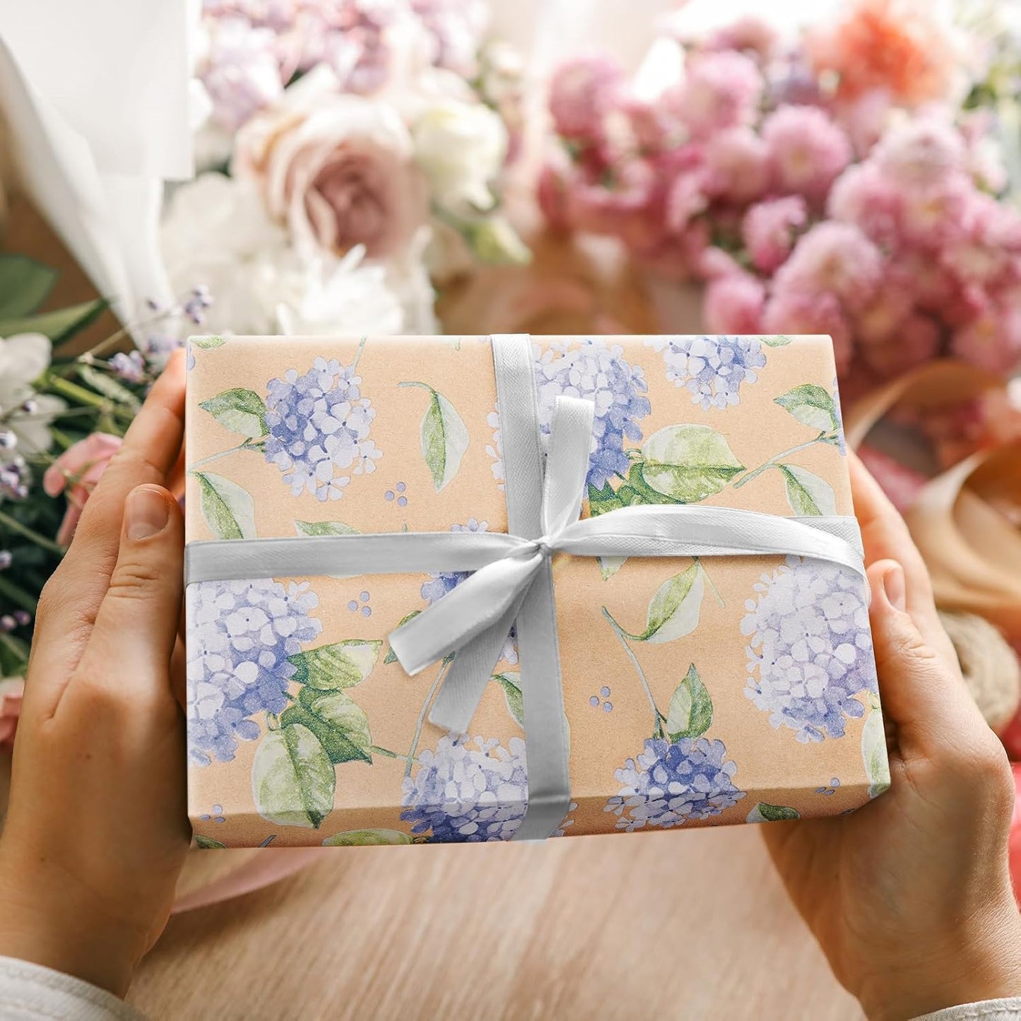 RUSPEPA 30" X 32.8' Hydrangea Wrapping Paper Large Kraft Paper Roll, Jumbo Roll, Purple Floral Kraft Gift Wrap for Women, Girl, Spring, Wedding and Mother's Day Celebration, 82 sq. ft