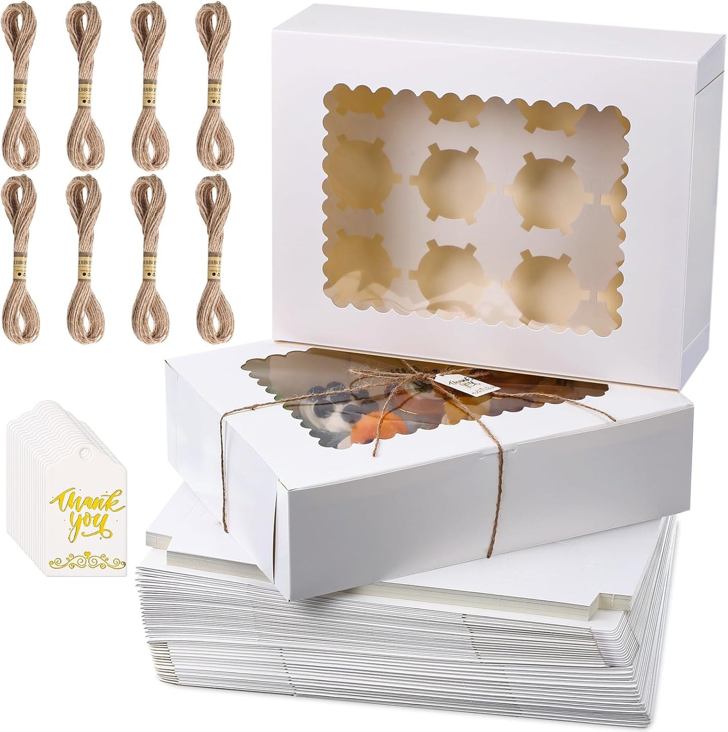36 Pack Cupcake Boxes Hold 12 Standard Cupcakes Disposable Cupcake Containers with Window and Insert Cupcake Carrier with Thanks Card and Jute Rope to Muffins Cupcakes Cookies Gift Wrapping