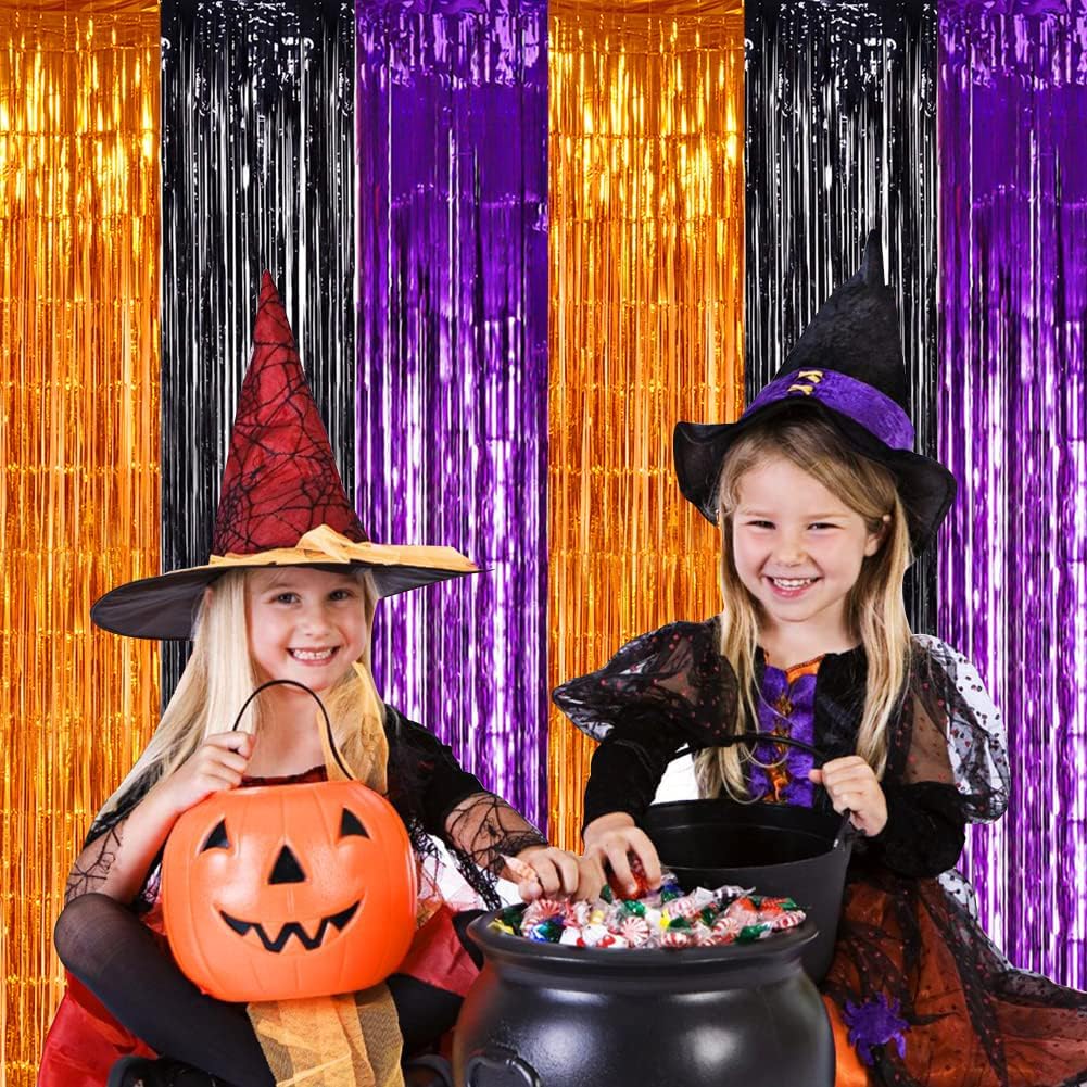 TONIFUL 2Pcs Orange Purple Black Metallic Tinsel Foil Fringe Curtains,3.28ft x 6.56ft Halloween Photo Booth Backdrop Streamer,Photo Props,for Party Door Wall Curtains Wedding Birthday(9.9ft x 6.6ft)
