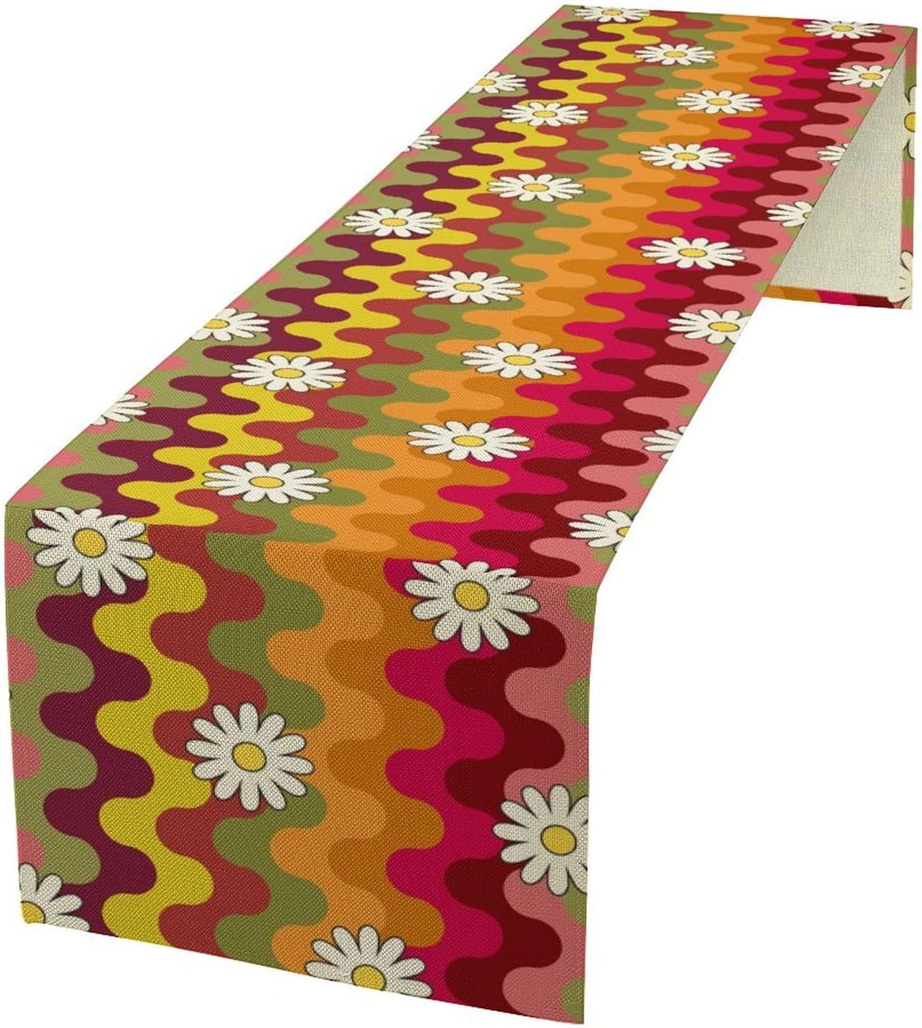 Vintage Floral Table Runner,60s 70s Colorful Retro Abstract Hippie Print Table Runner for Kitchen Dining Table Home Party Decoration 13x90 Inch