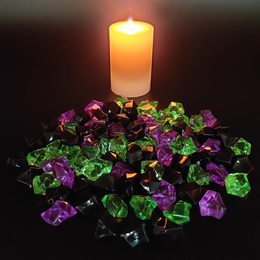 HappyFiller Halloween Decoration Fake Ice Rocks Crystal Cubes Stones for Vase Fillers,Party Decor, Crafts,Pirate Treasure Jewels Plastic Gemstone,Table Scatters,Mix Purple Green Black,15 OZ