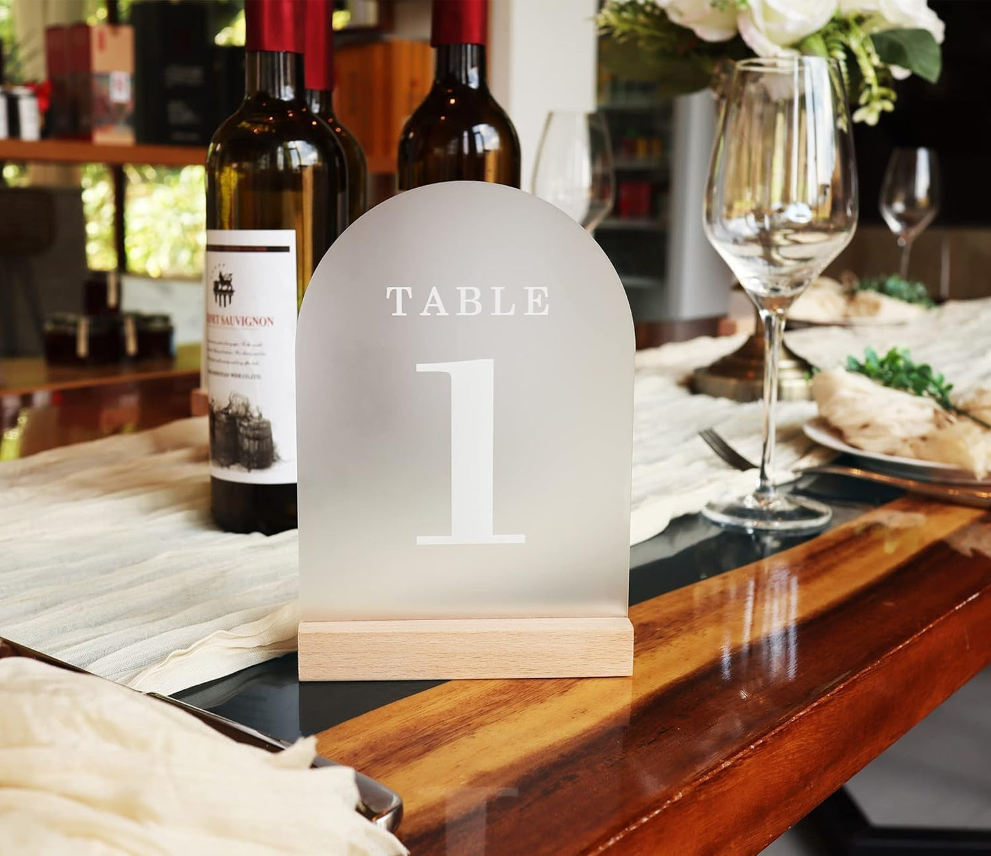 Wedding Table Numbers 11-15, Acrylic Arch Signs with Natural Wood Stands Holders, Rustic Table Decor for Reception & Parties (Frosted White)