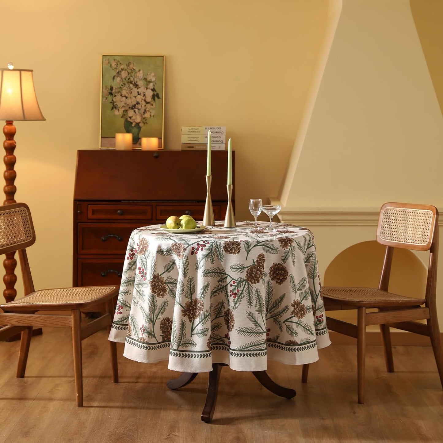 ISAENNE Designer Christmas Beige Linen Round Tablecloth,Pinecones Pattern Indoor Tablecloths,Washable Decor Table Cloth for Dining Thanksgiving Kitchen Christmas,Diameter 67"-Carol B