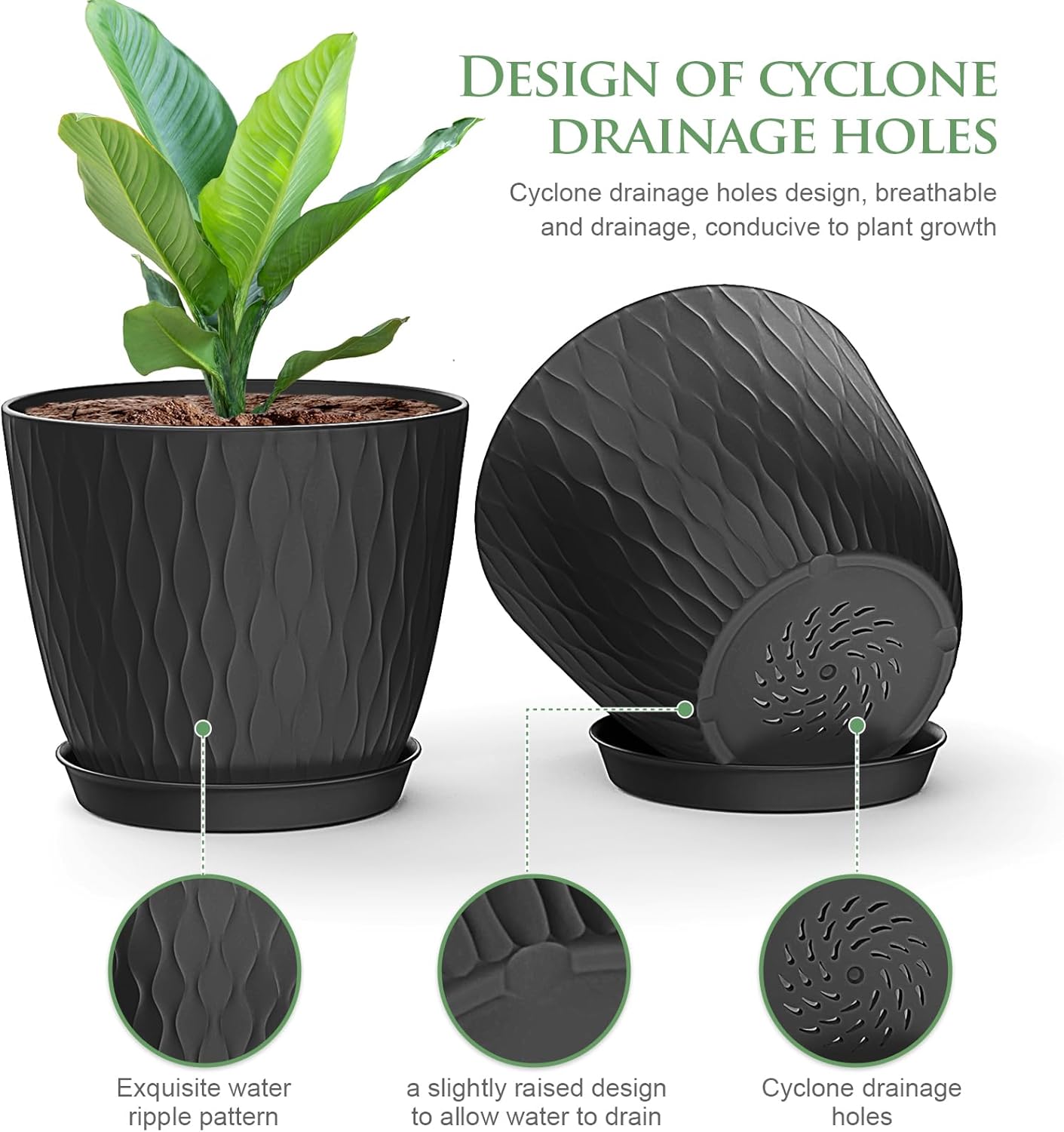 6 inch Plant Pots, 5 Pack Flower Pots with Drainage Holes and Saucers for Indoor Plants, Plastic Planters with Water Ripple for Small Garden House Plants, Nursery Pots for Succulent, Black