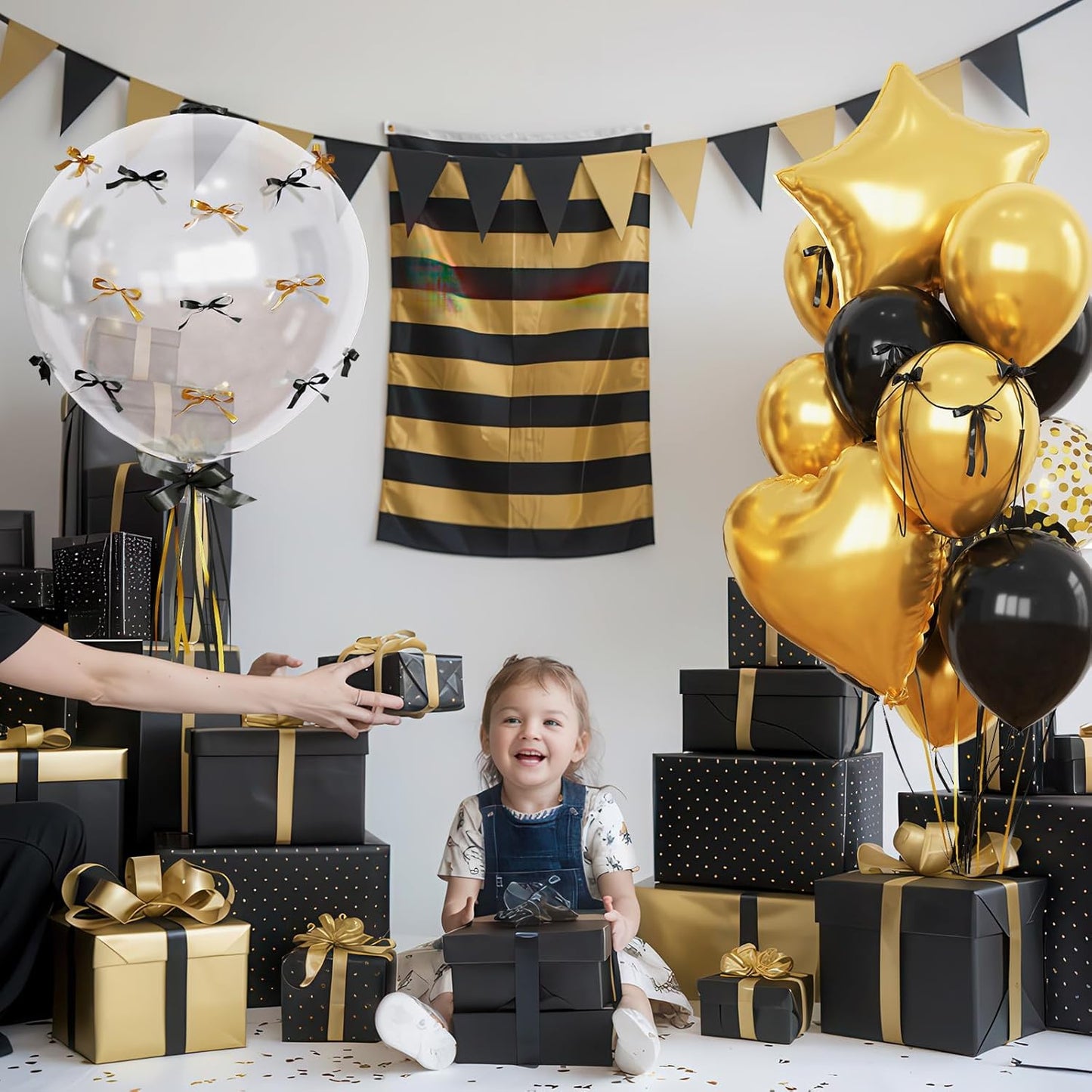 Black and Gold Balloons Heart Star Shape Foil Balloons for Birthday Party, Metallic Gold and Black Party Decoration 18 in Clear Confetti Heart Star Mylar Balloon as Graduation 2025 Prom Supplies Decor