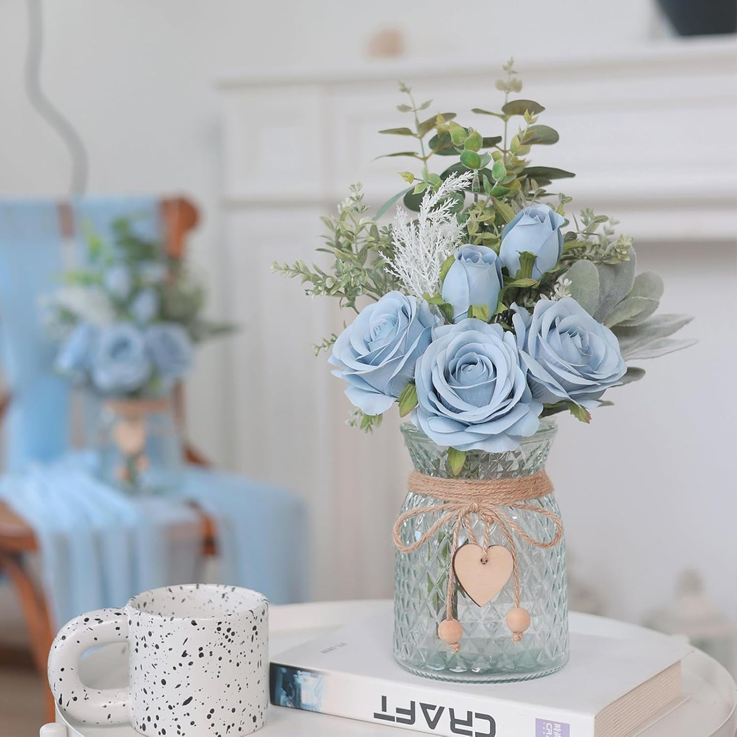 Faux Flowers with Vase,Artificial Silk Roses in Vase, Fake Plant Eucalyptus Flower Arrangement for Home Office Farmhouse Bathroom Dining Table Centerpiece Decorations Coffee Table Decor (Dusty Blue)